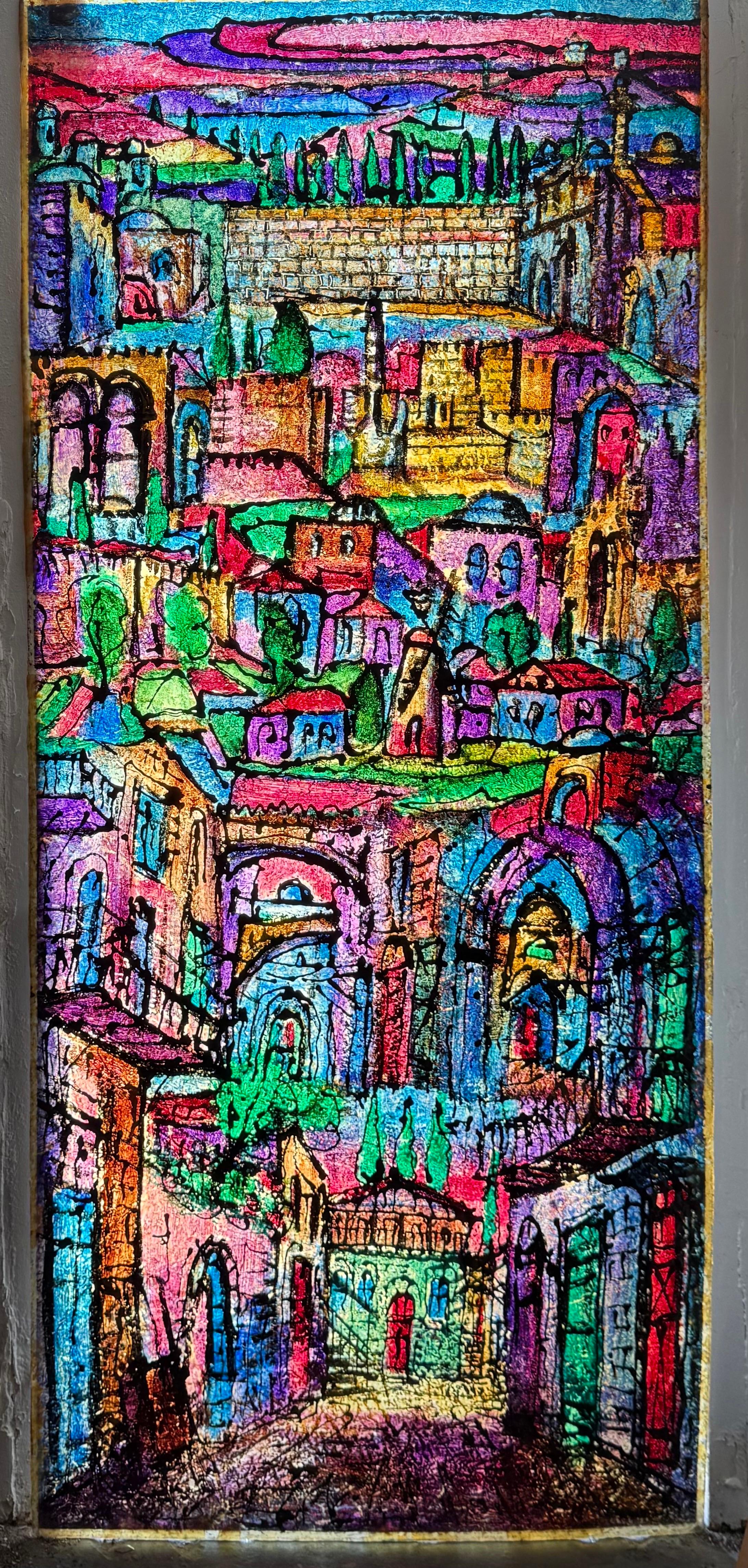 Große Judaica Jerusalem Gemälde israelischen Stained glass Stil Rabbi Tzvi Raphaely im Angebot 14