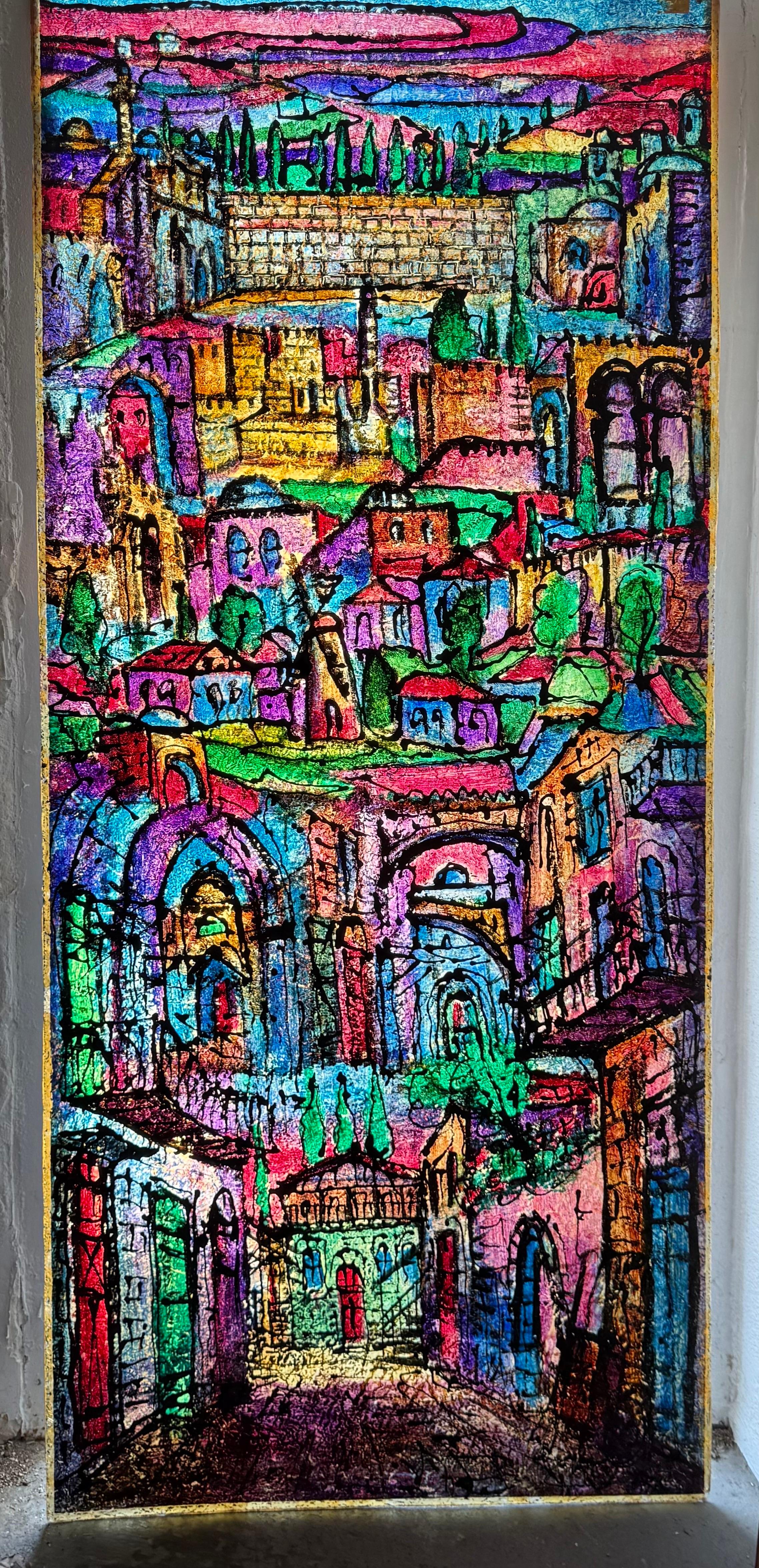 Große Judaica Jerusalem Gemälde israelischen Stained glass Stil Rabbi Tzvi Raphaely – Painting von Zvi Raphaeli