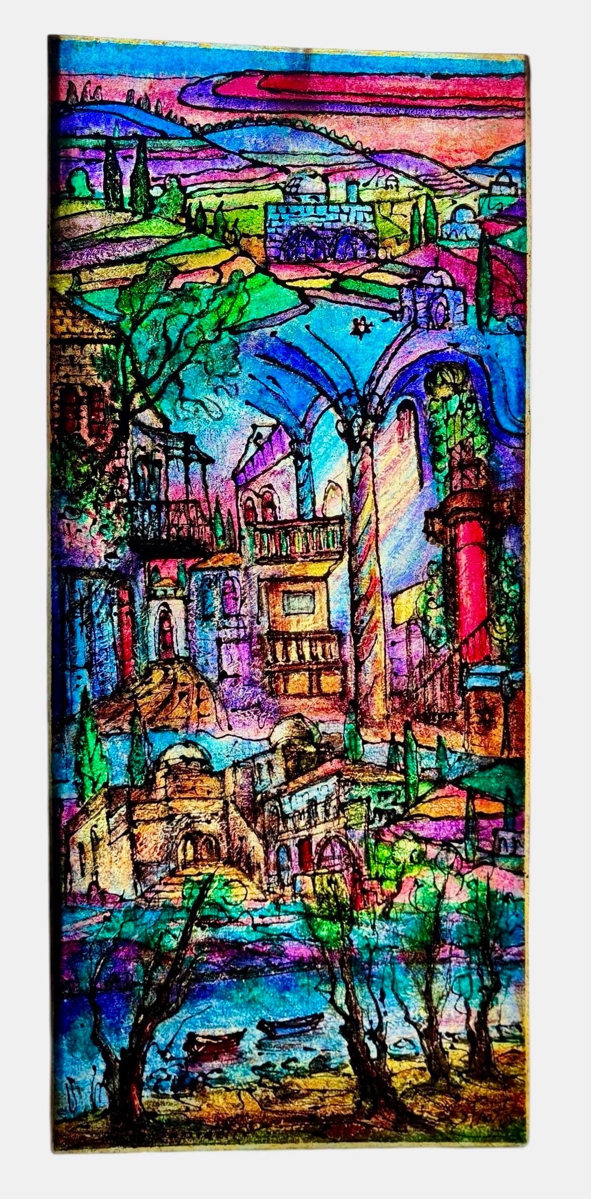 Judaica grande Pintura de Jerusalén Estilo israelí Stained glass Rabino Tzvi Raphaely - Painting de Zvi Raphaeli