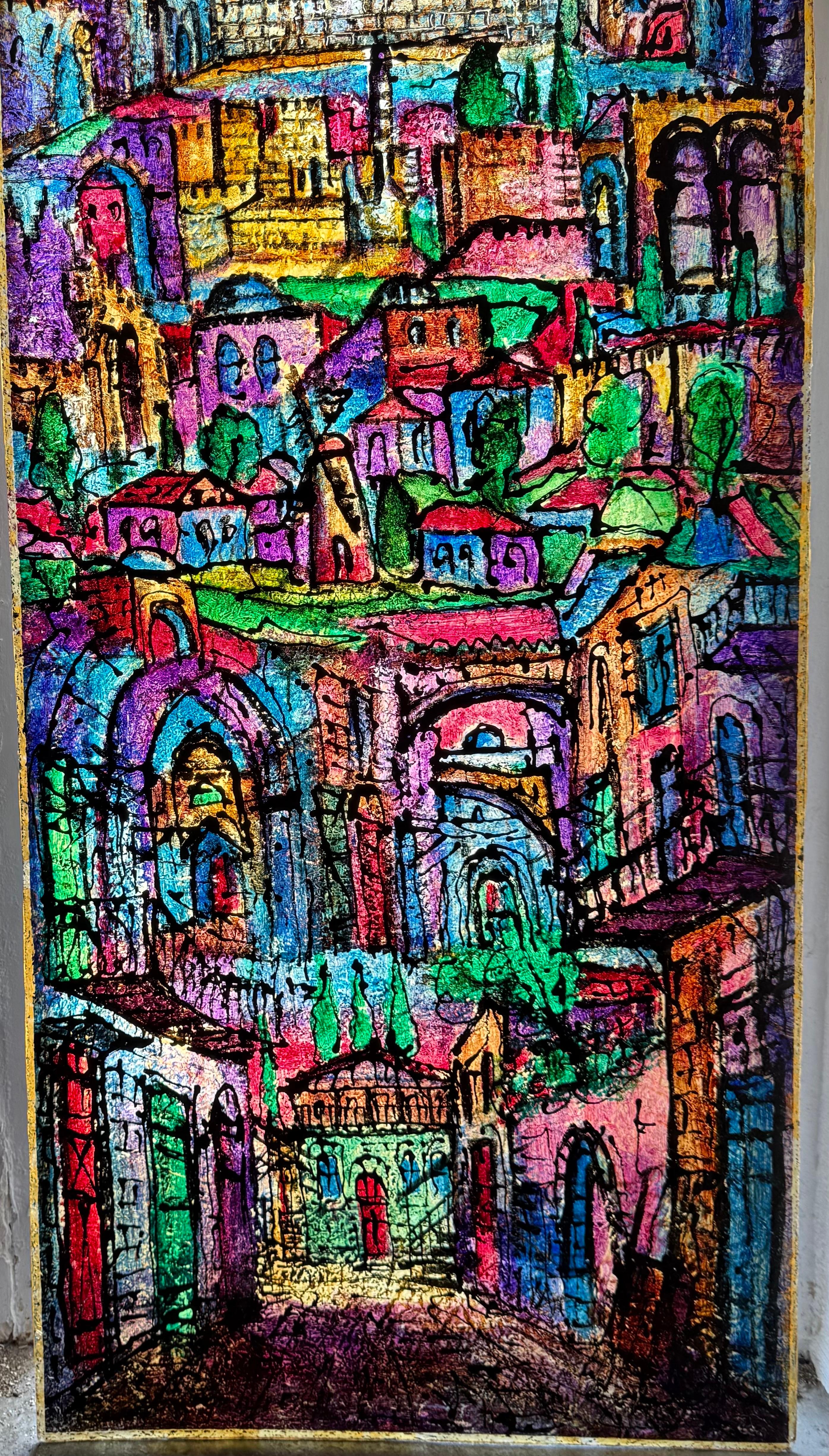 Große Judaica Jerusalem Gemälde israelischen Stained glass Stil Rabbi Tzvi Raphaely (Post-Impressionismus), Painting, von Zvi Raphaeli