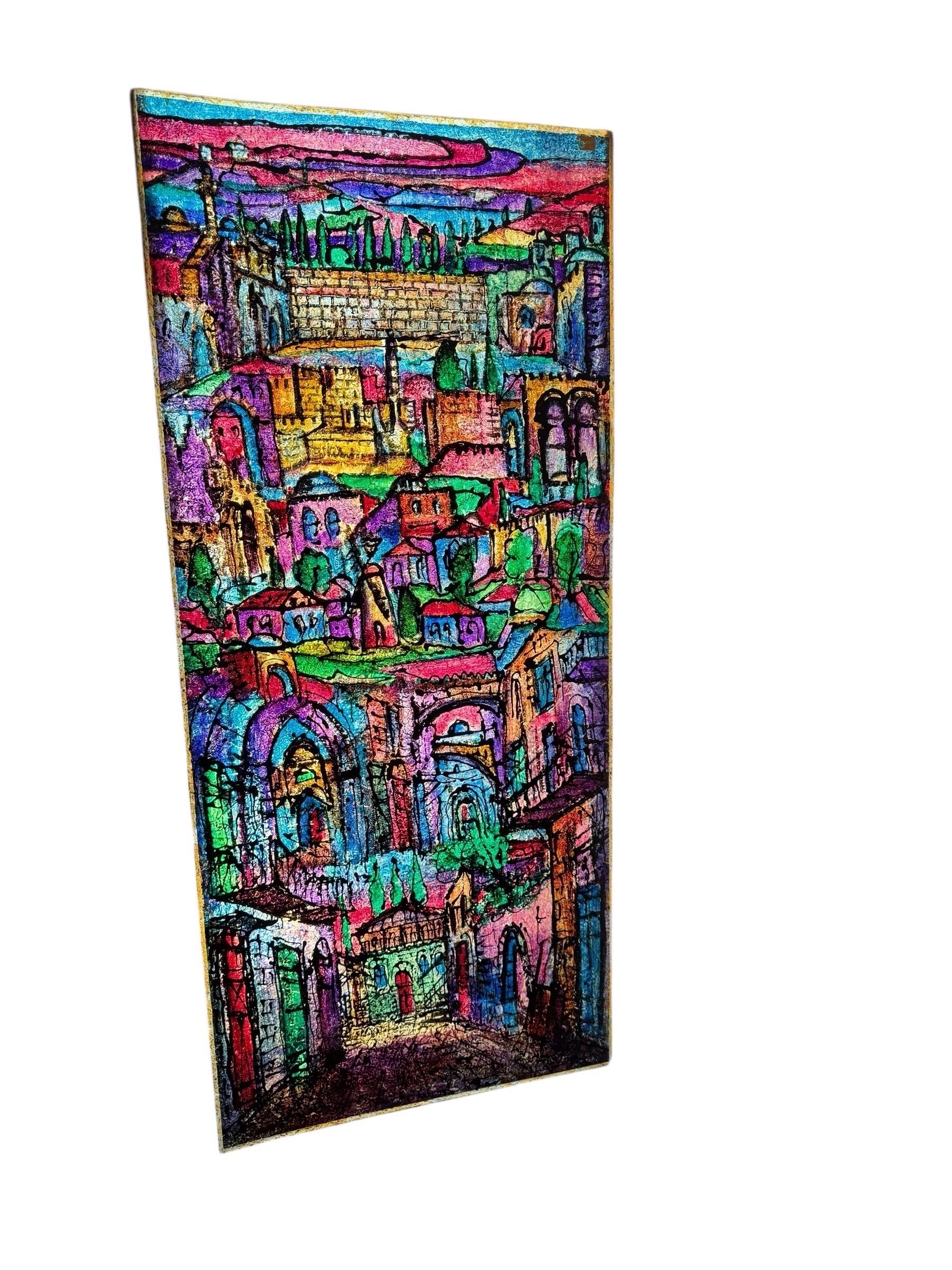 Große Judaica Jerusalem Gemälde israelischen Stained glass Stil Rabbi Tzvi Raphaely (Schwarz), Landscape Painting, von Zvi Raphaeli