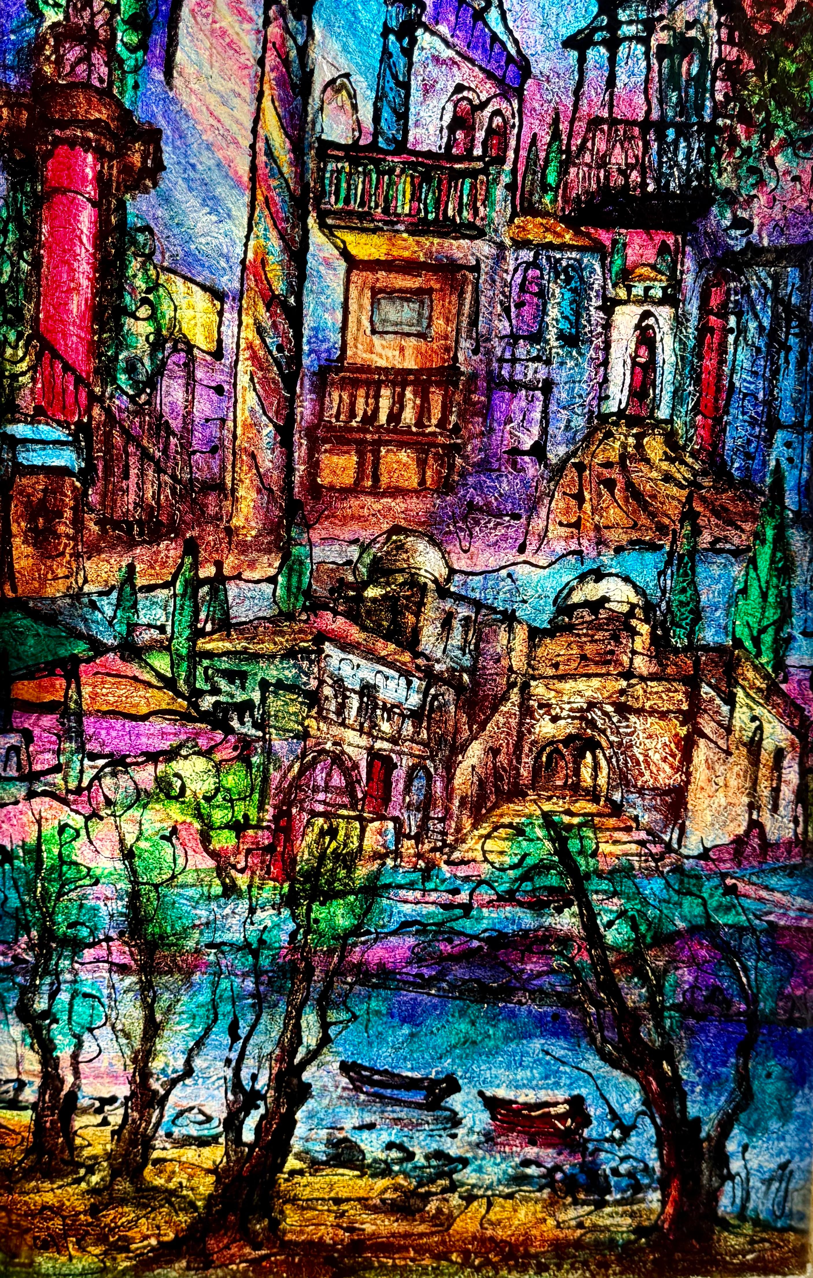 Judaica grande Pintura de Jerusalén Estilo israelí Stained glass Rabino Tzvi Raphaely - Landscape Painting Negro de Zvi Raphaeli