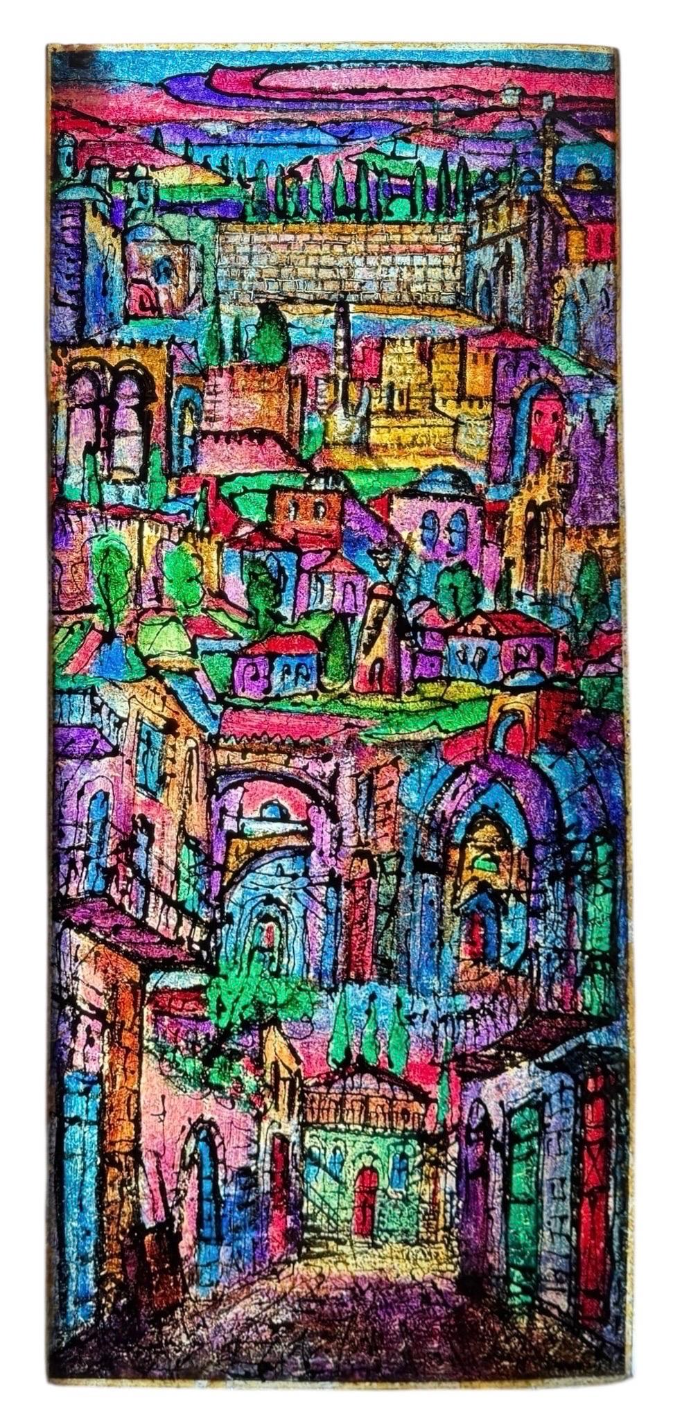 Große Judaica Jerusalem Gemälde israelischen Stained glass Stil Rabbi Tzvi Raphaely im Angebot 1
