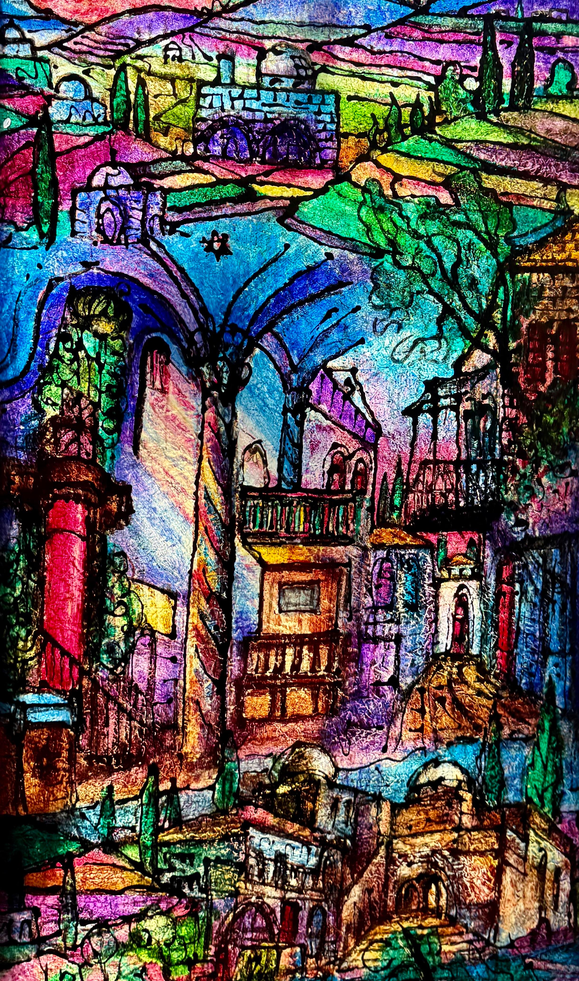 Judaica grande Pintura de Jerusalén Estilo israelí Stained glass Rabino Tzvi Raphaely en venta 1