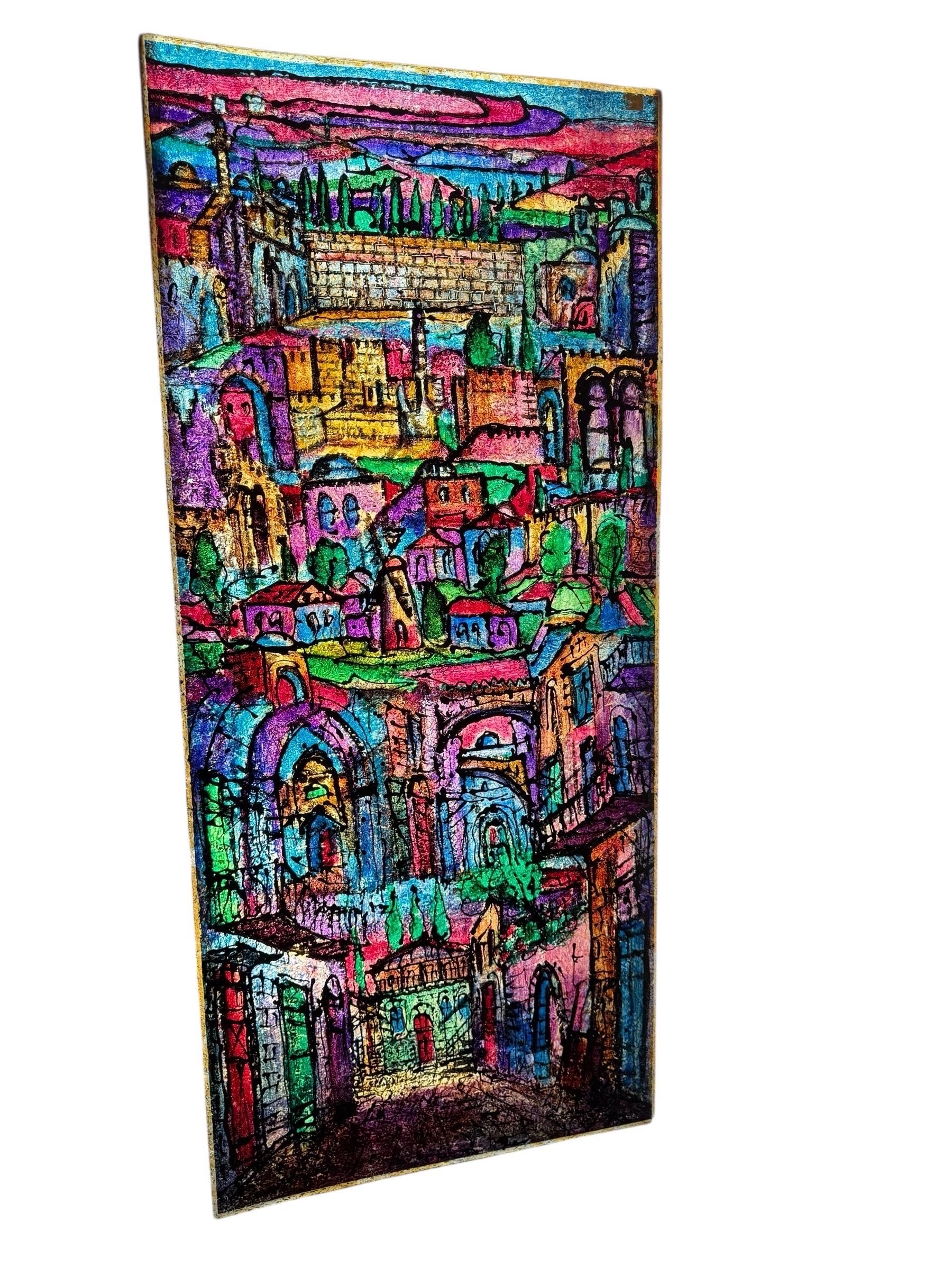Große Judaica Jerusalem Gemälde israelischen Stained glass Stil Rabbi Tzvi Raphaely im Angebot 2