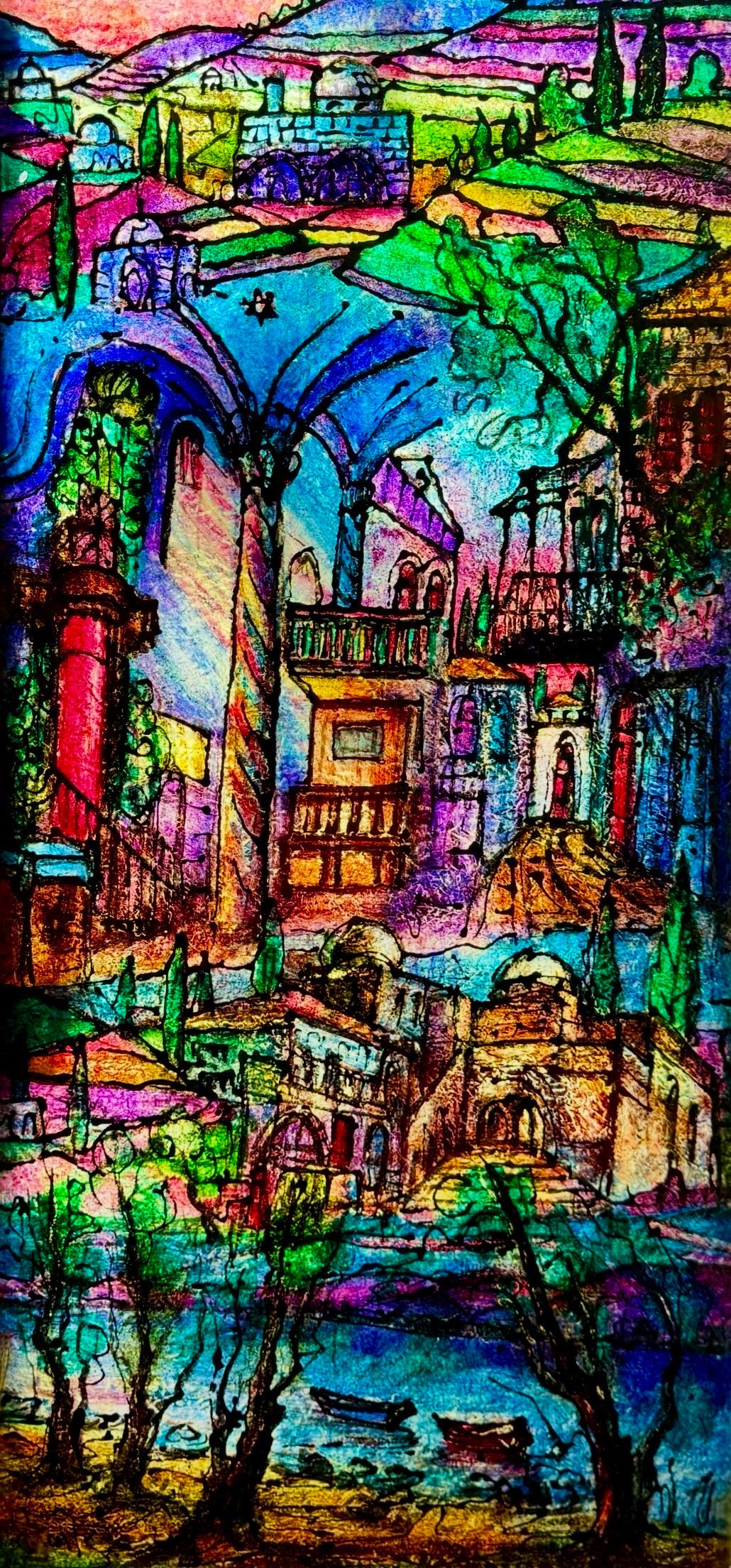 Judaica grande Pintura de Jerusalén Estilo israelí Stained glass Rabino Tzvi Raphaely en venta 2