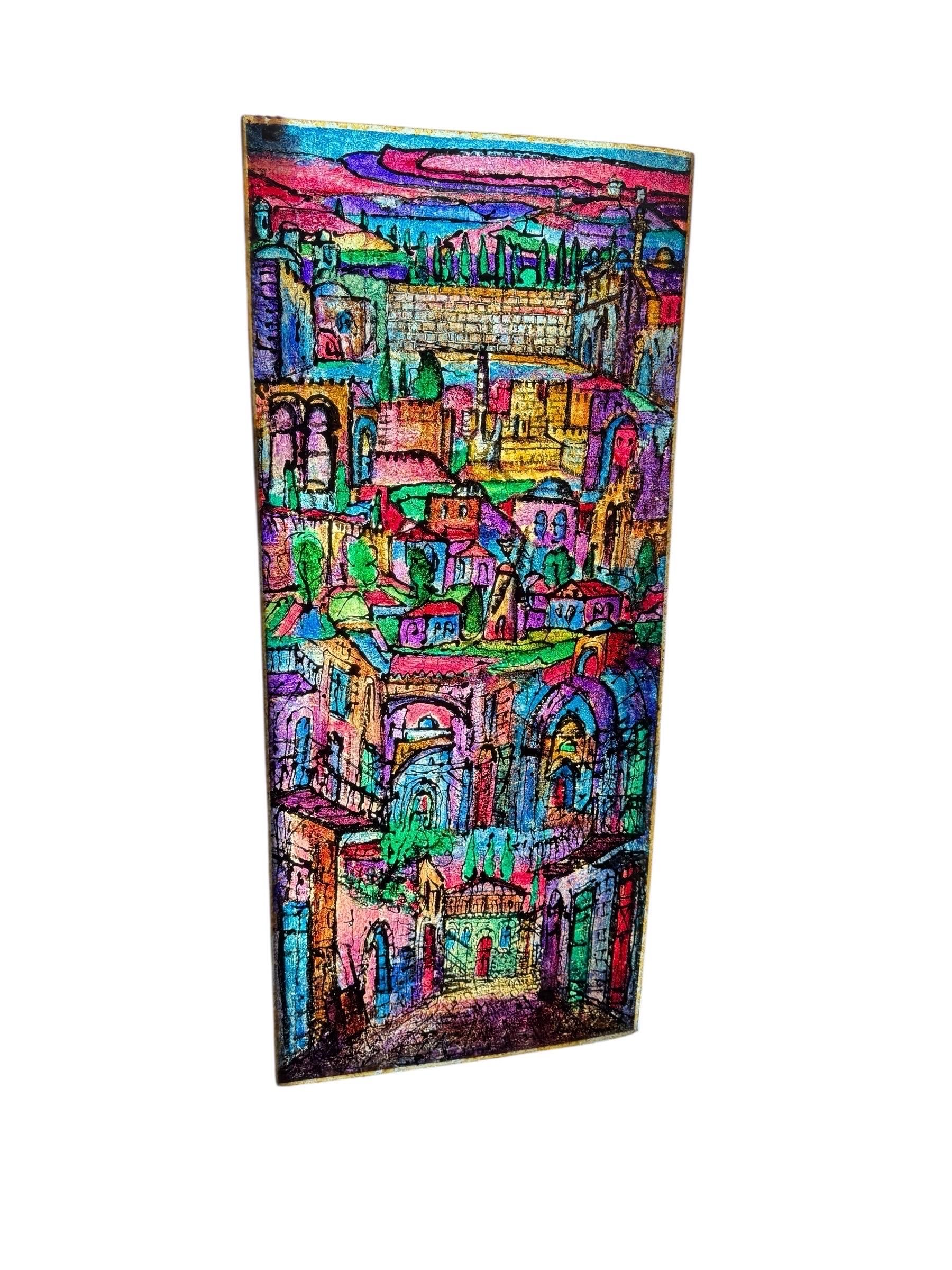 Große Judaica Jerusalem Gemälde israelischen Stained glass Stil Rabbi Tzvi Raphaely im Angebot 3