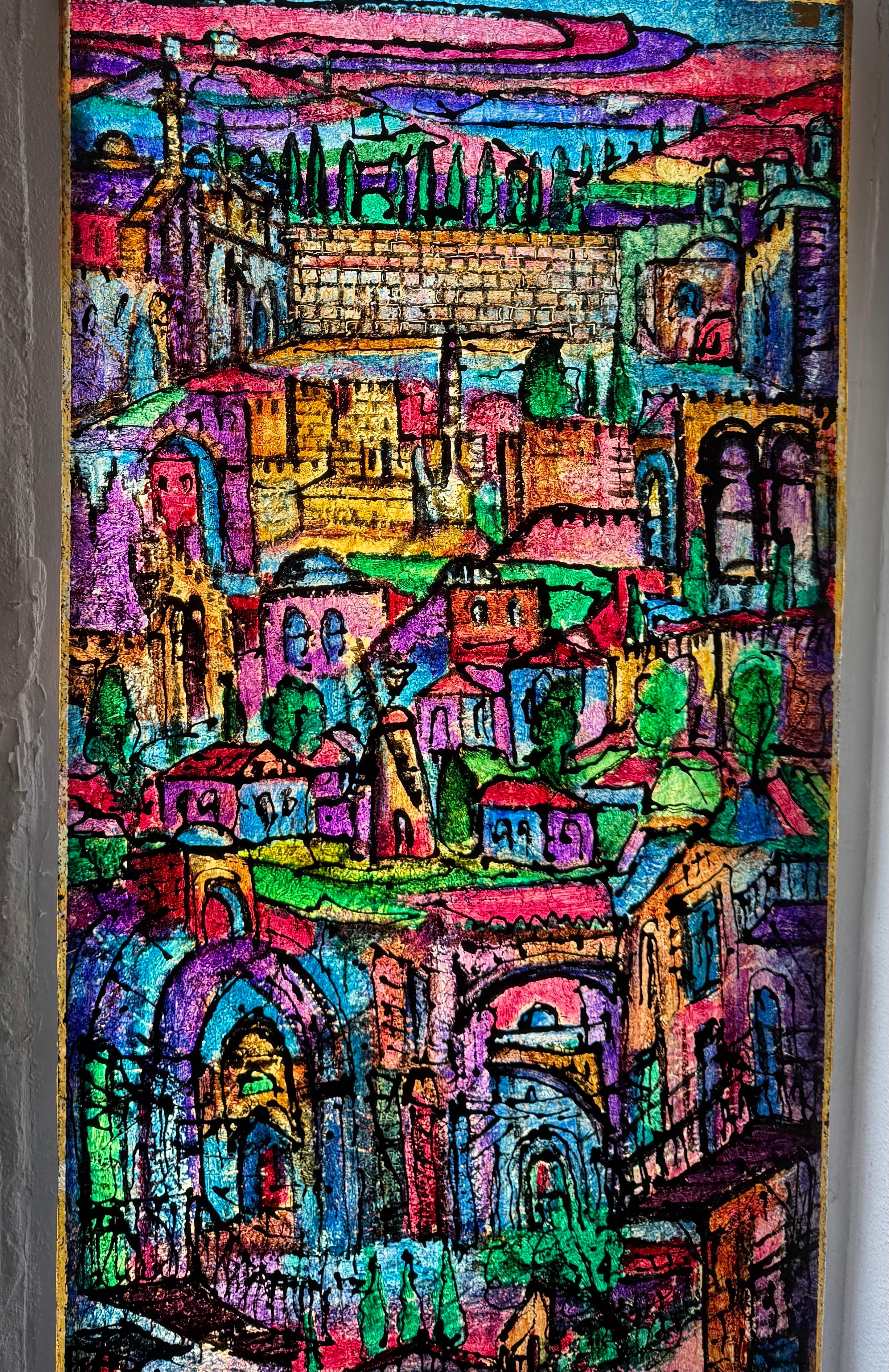Große Judaica Jerusalem Gemälde israelischen Stained glass Stil Rabbi Tzvi Raphaely im Angebot 4