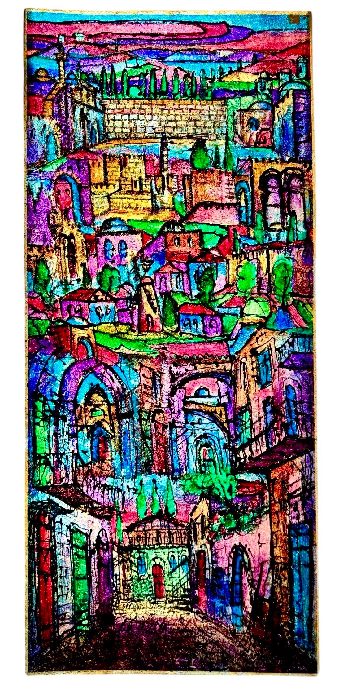 Zvi Raphaeli Landscape Painting – Große Judaica Jerusalem Gemälde israelischen Stained glass Stil Rabbi Tzvi Raphaely