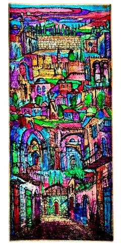 Grande dipinto di Gerusalemme Judaica Stile Stained Glass israeliano Rabbi Tzvi Raphaely