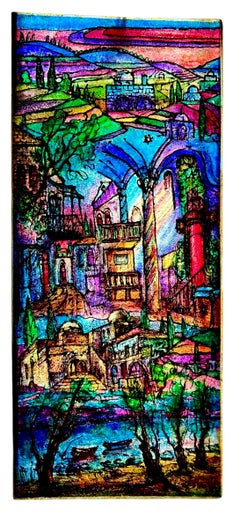 Judaica grande Pintura de Jerusalén Estilo israelí Stained glass Rabino Tzvi Raphaely