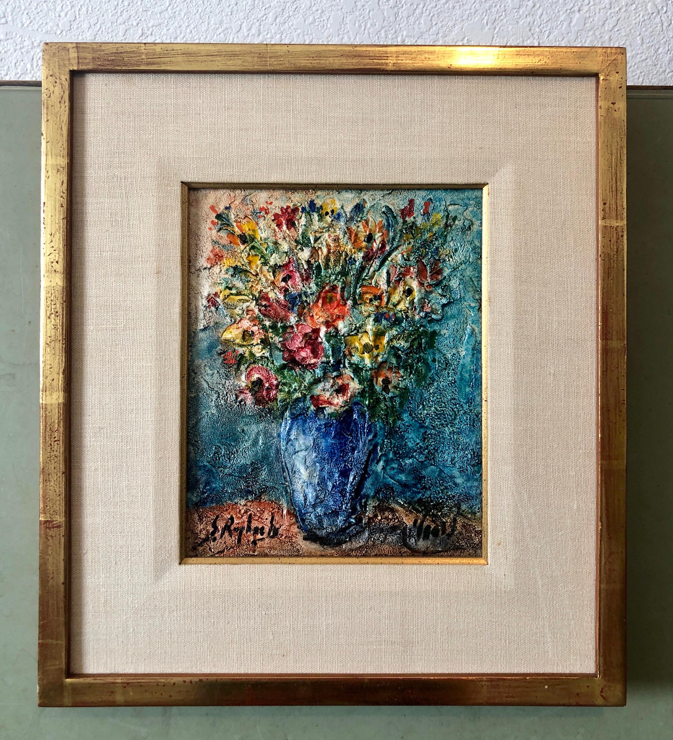 Vase of Flowers Judaica Oil Painting Israeli Jewish Rabbi Artist After Chagall 2