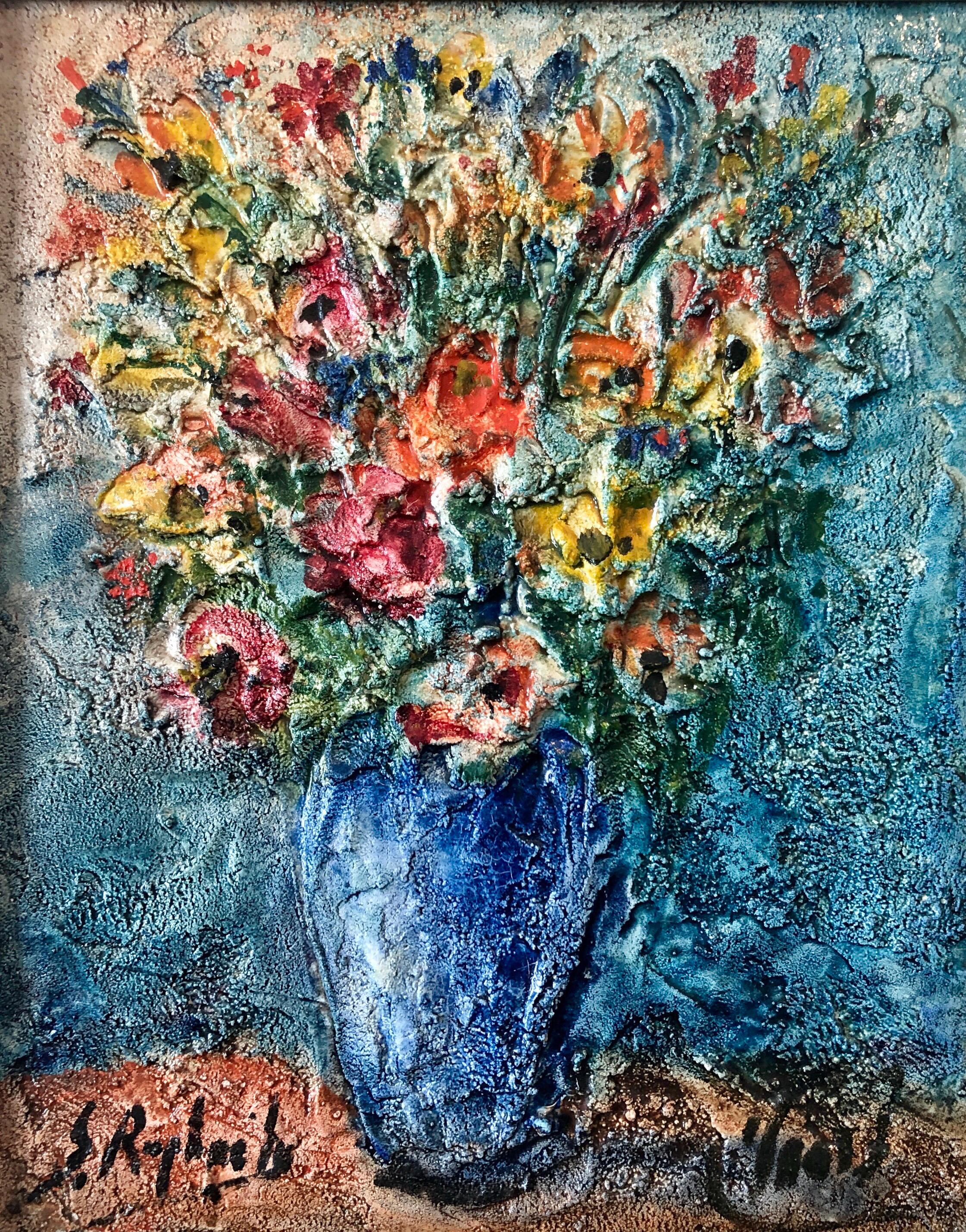 Zvi Raphaeli Still-Life Painting - Vase of Flowers Judaica Oil Painting Israeli Jewish Rabbi Artist After Chagall