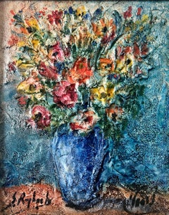 Vase of Flowers Judaica Oil Painting Israeli Jewish Rabbi Artist After Chagall