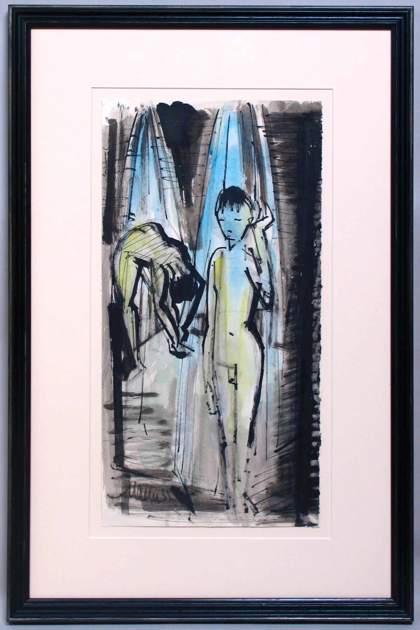 German ink and water colours painted on paper by the artist, Emil Maetzel 1877 - 1955 “Zwei Nackte Knaben”1935. a deft ink painting of two adolescent boys in the shower,  one standing in the foreground catching the water spray in his left hand, the