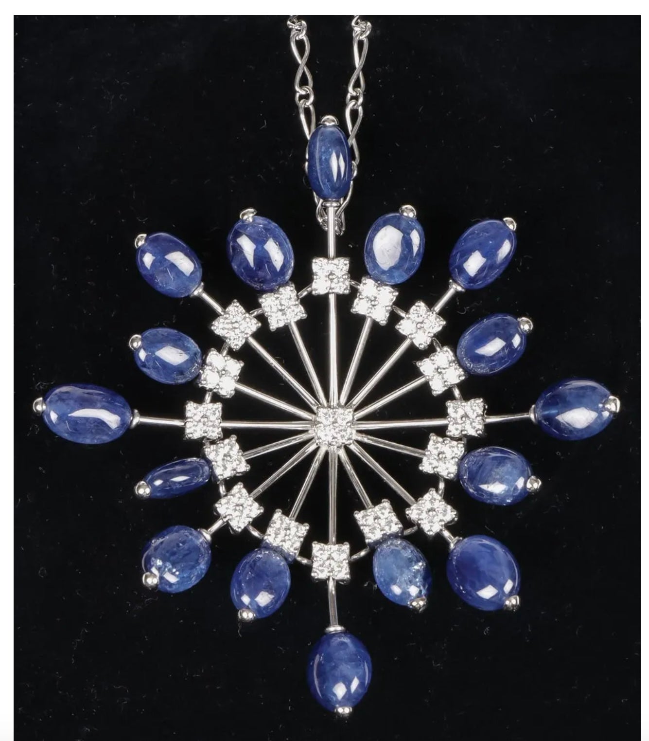 Contemporary Zydo 16 Sapphire 68 Diamond Pendant Necklace 3.25 Inches 18 Karat White Gold For Sale