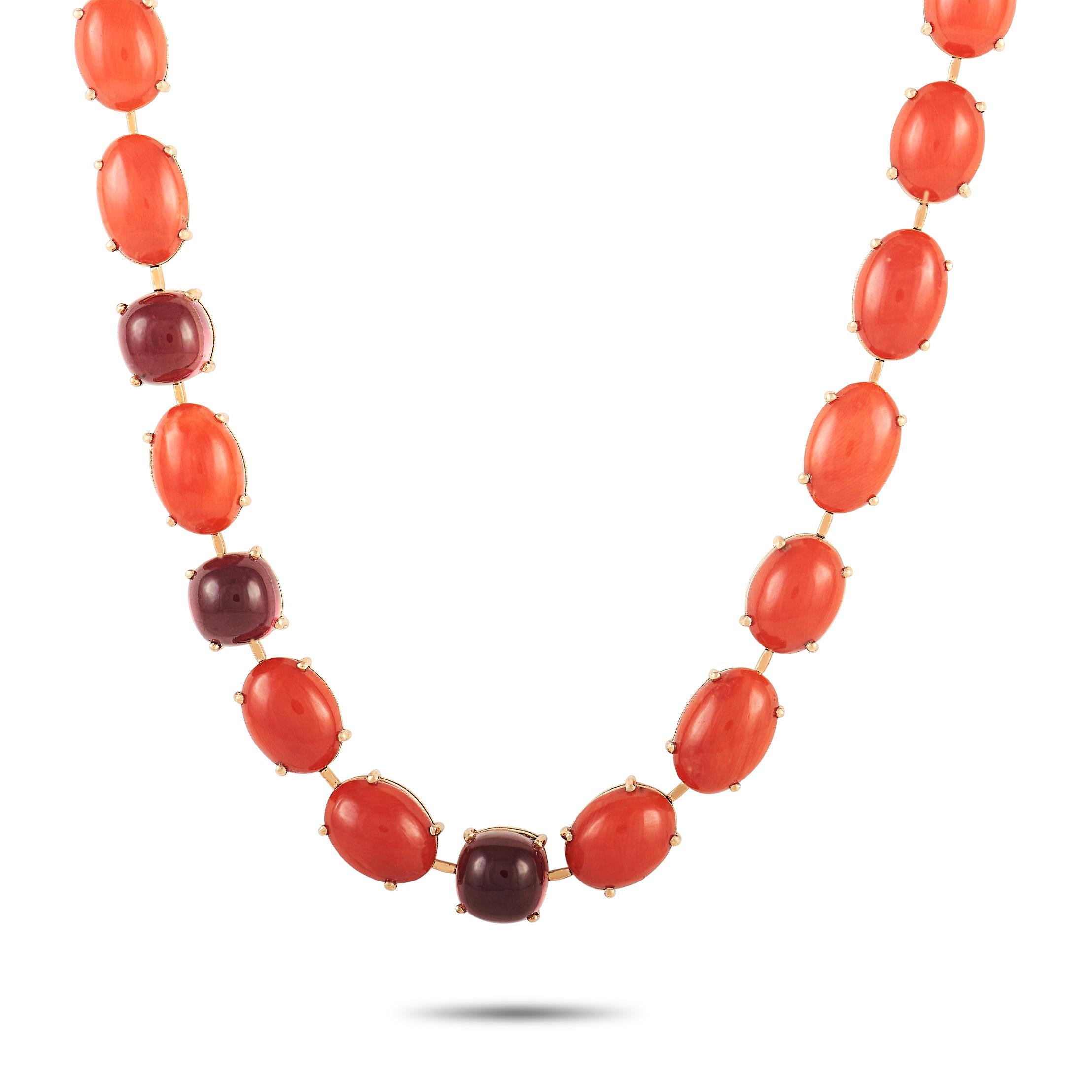 The perfect accessory when you want a low-effort yet a fashion-forward way to update a look. This rose gold long necklace from Zydo features a continuous strand of oval-shaped coral cabochons in four-prong settings interrupted by cabochon-cut