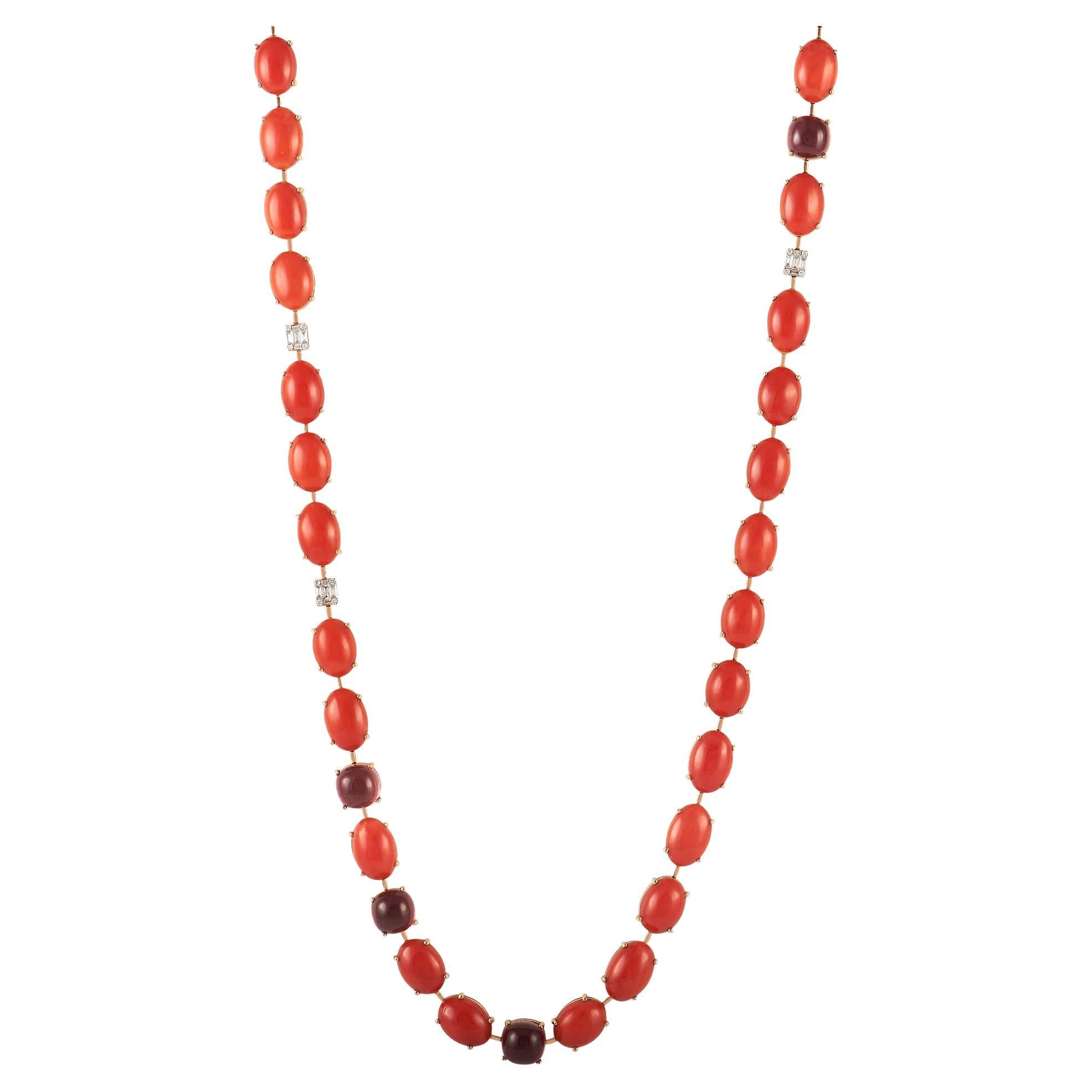 Zydo-Halskette aus 18 Karat Roségold mit 0,56 Karat Diamant, Koralle und Turmalin im Angebot