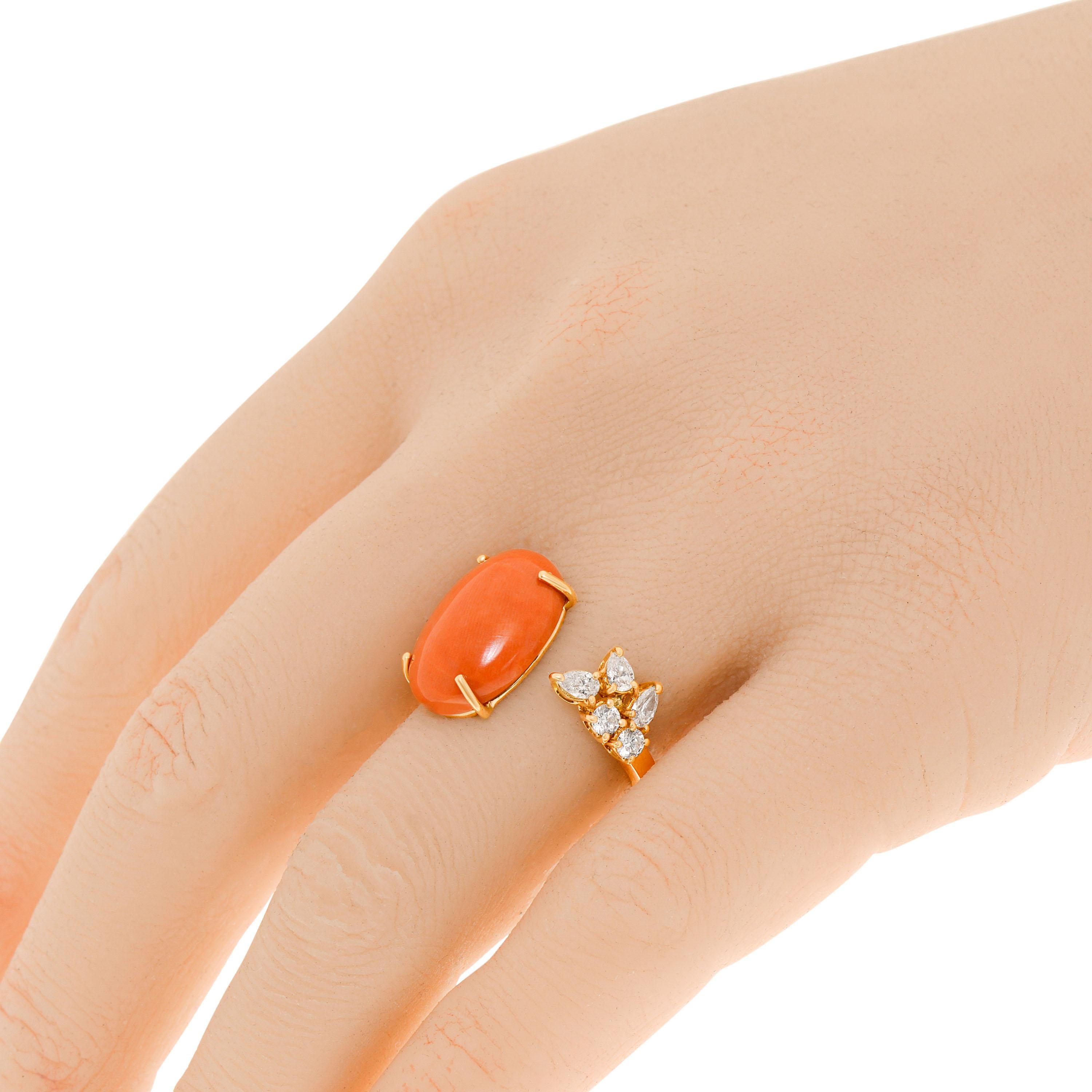 ZYDO 18K Rose Gold Edelstein Ring verfügt über eine Koralle Edelstein mit 0,36ct. tw. clustered Diamanten. Die Ringgröße ist 6,5 (53,1). Die Dekoration ist 5/8