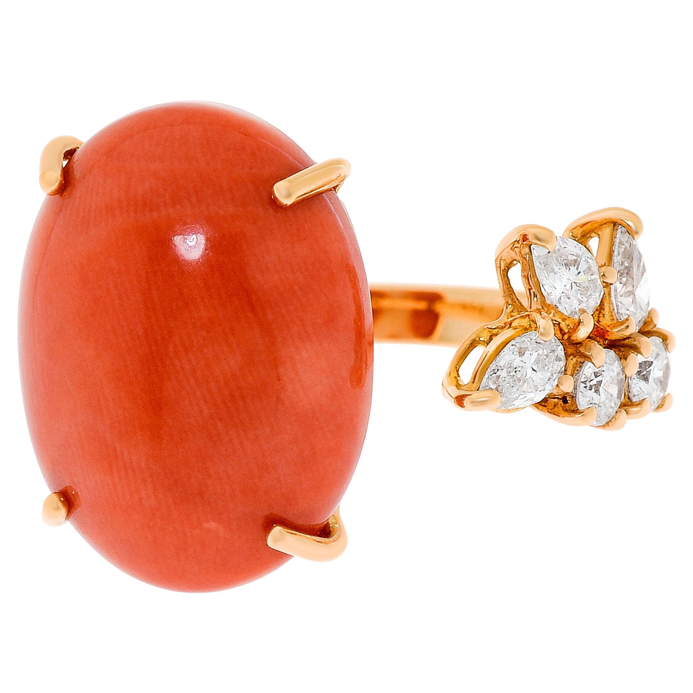 Zydo 18K Rose Gold, Coral and White Diamond Gemstone Ring sz. 6.5 For Sale