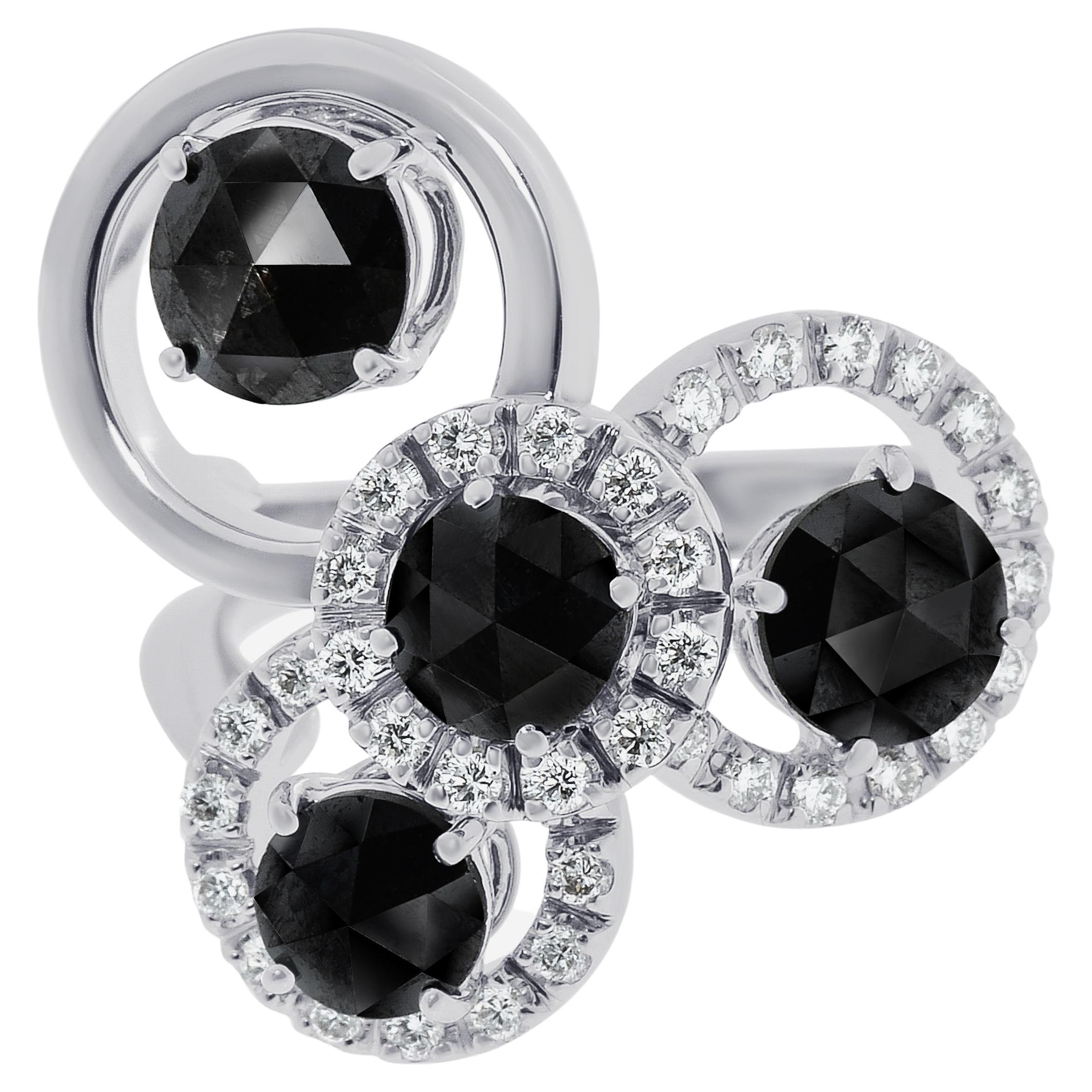 Zydo Bague d'affirmation en or blanc 18 carats avec diamants noirs et blancs, taille 7 en vente