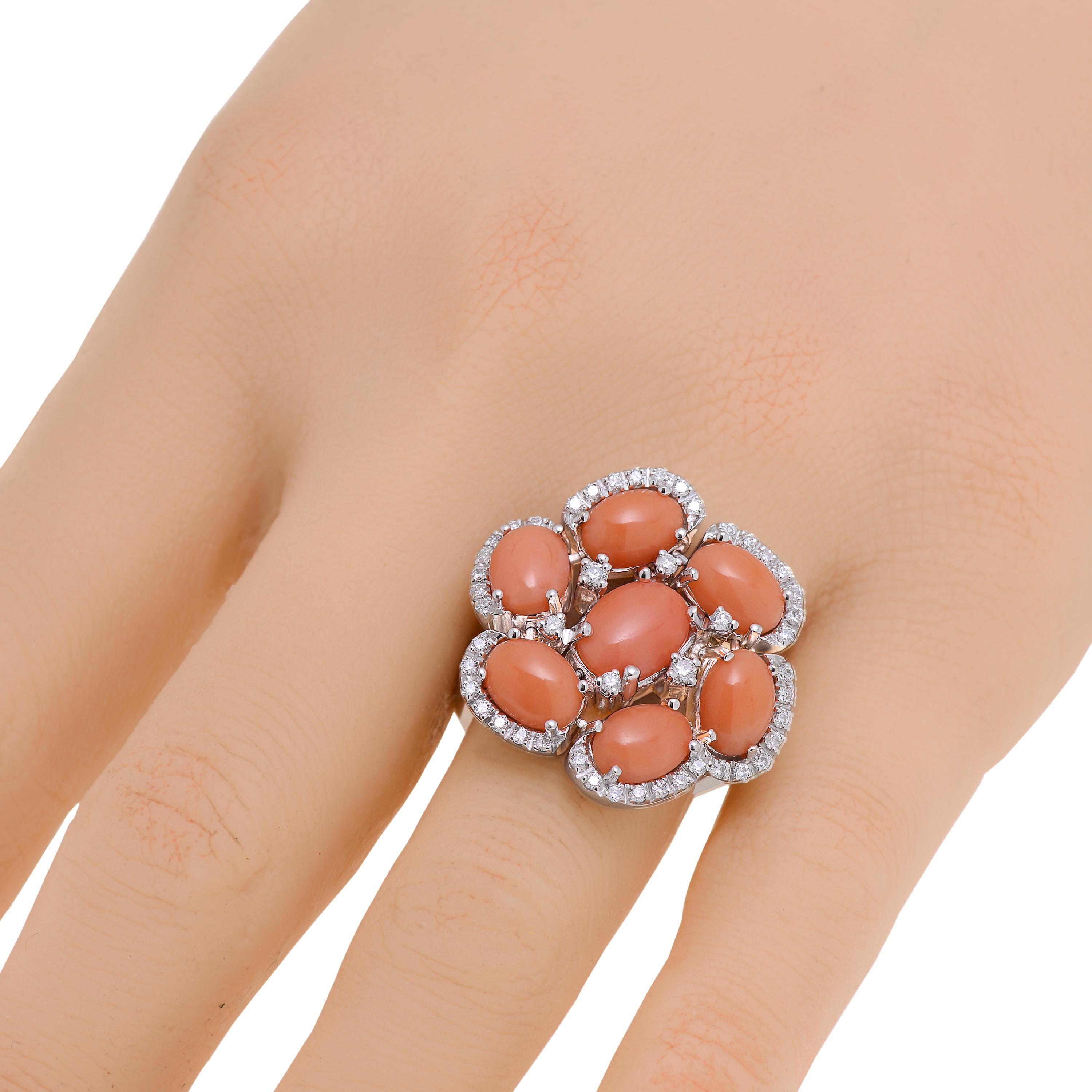 This spectacular Zydo 18K White Gold Statement Ring features seven festive Coral petals 3.26ct. tw. enhanced with glimmering accent diamonds and pave (0.50ct twd). Sticking to company traditions since its' foundation, Zydo Jewelry uses only the