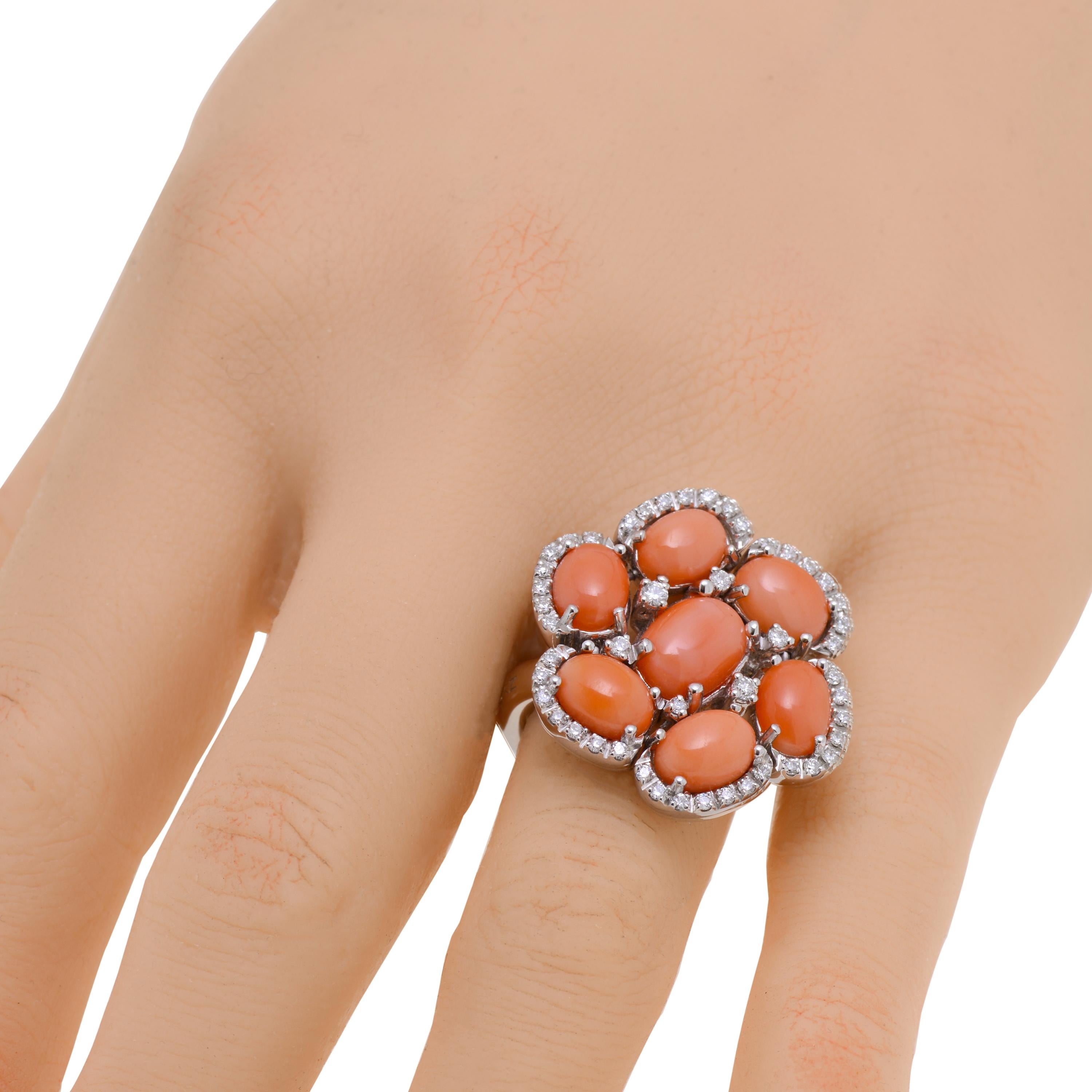 This playful Zydo 18K White Gold Statement Ring features seven festive Coral petals (3.66ct tw) accented with glimmering accent diamonds and pave (0.5ct twd). Sticking to company traditions since its' foundation, Zydo Jewelry uses only the finest