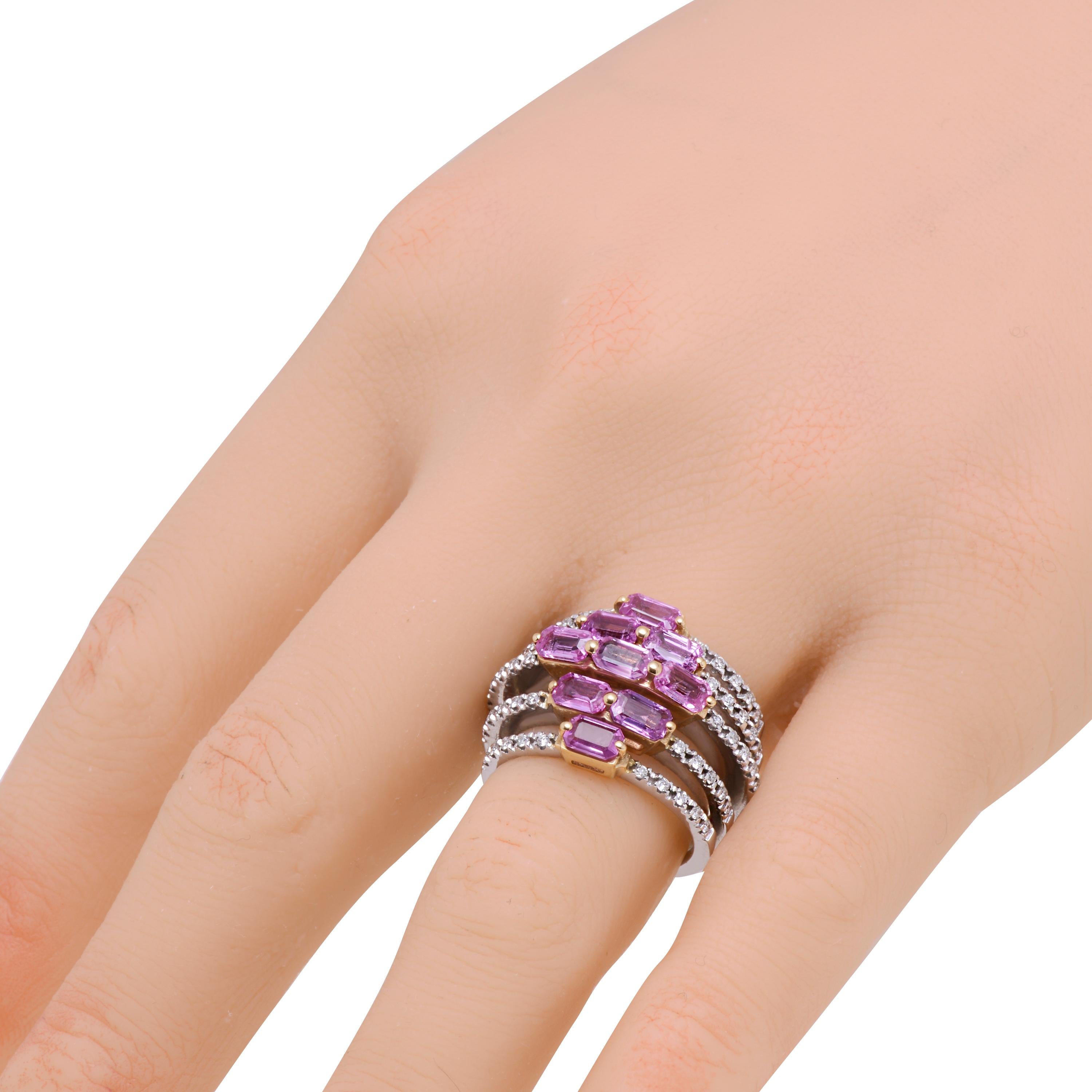 This unique Zydo 18K white gold puzzle ring features nine luxe baguette cut lavendar sapphires (2.84ct tw) placed in a diamond pattern and enhanced with multi layer diamond pave (0.34ct twd). The ring size is 7. The band width is 3/8