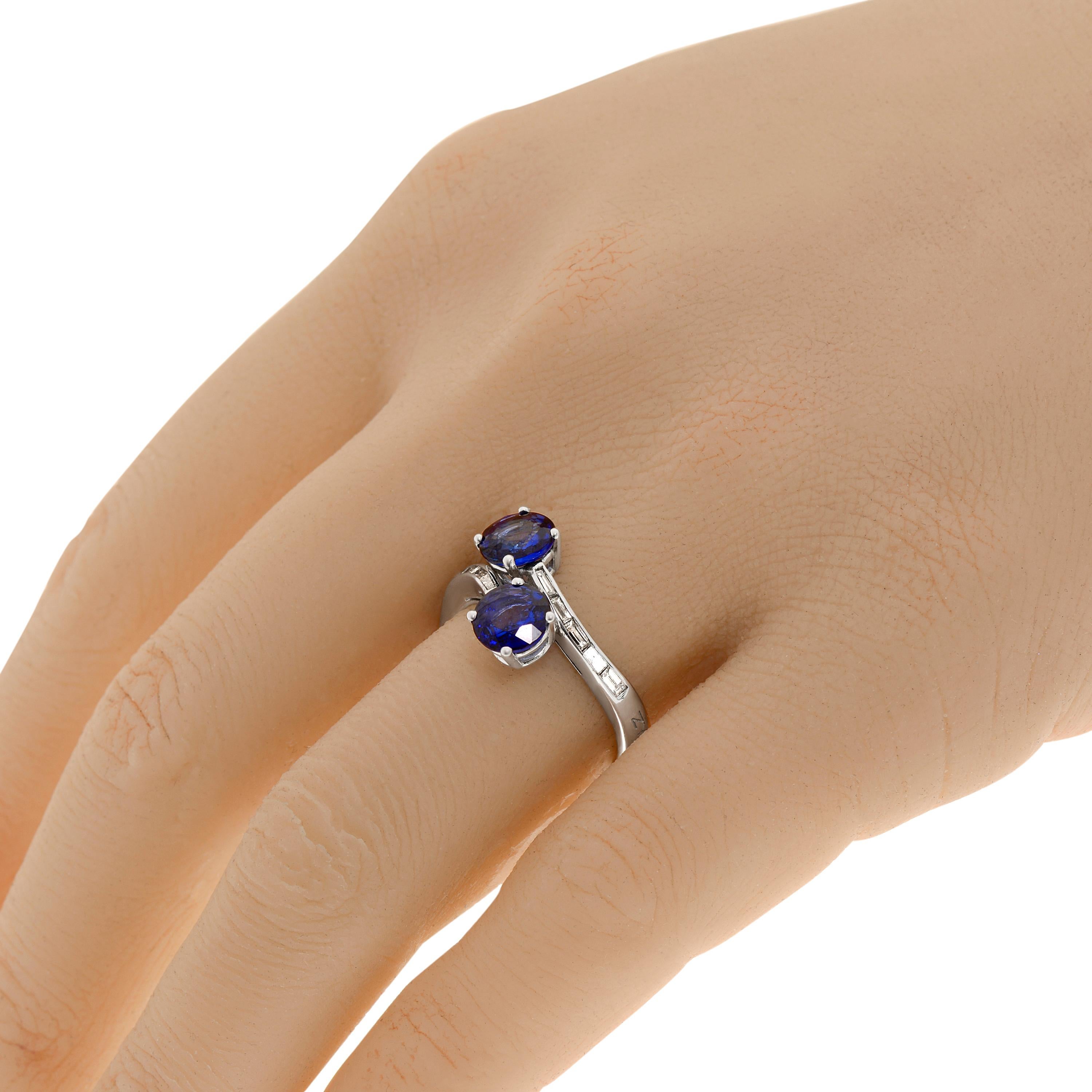 Zydo 18K White Gold Contrarier Ring features 2.16ct. tw. sapphire gemstones with 0.38ct. tw. diamond accents. The ring size is 6.5 (53.1). The decoration size is 1/2