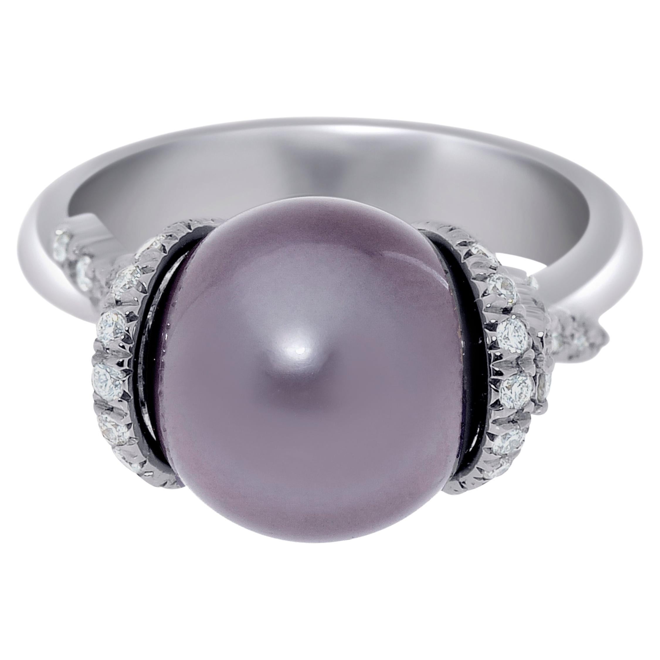 Zydo 18K White Gold, White Diamond and Pearl Band Ring sz. For Sale