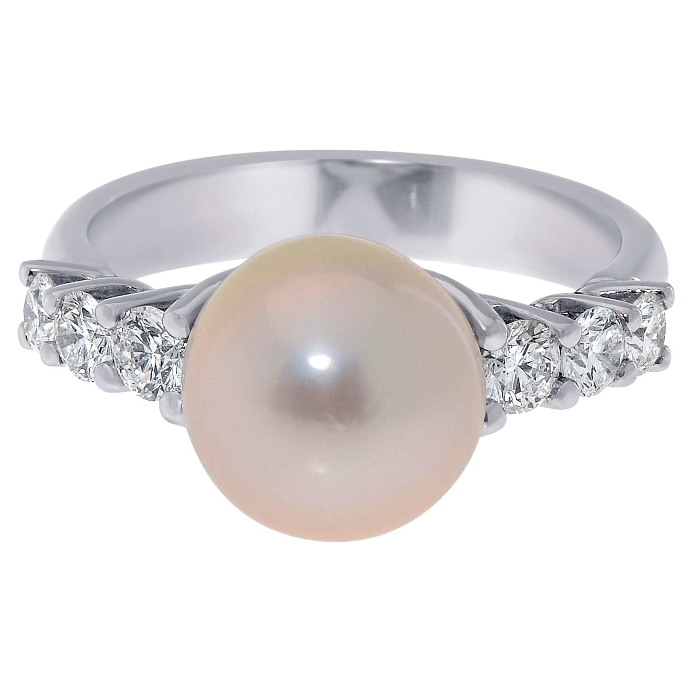 Zydo 18K White Gold, White Diamond & Pearl Band Ring sz. 6.5 For Sale