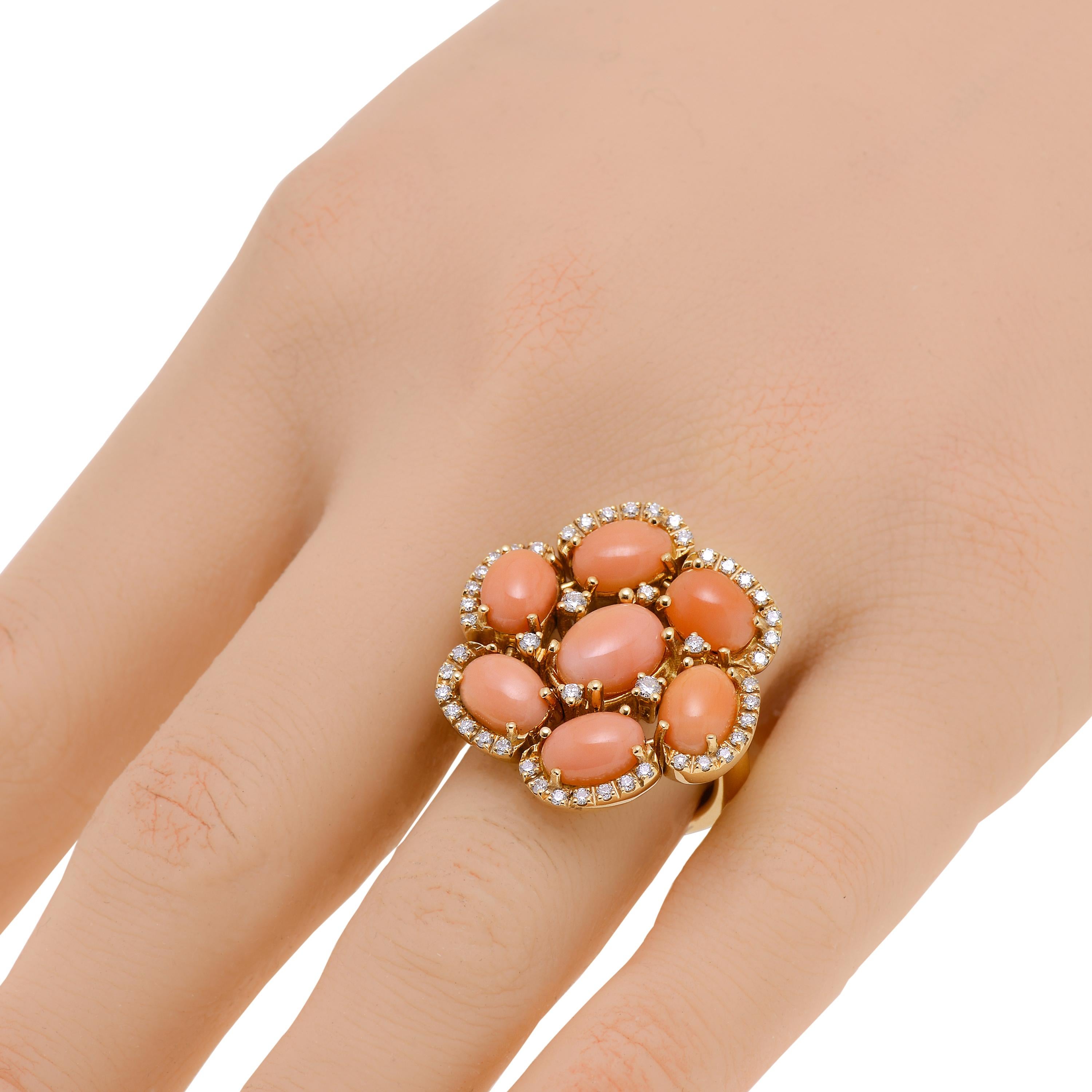 This bejeweled Zydo 18K Yellow Gold Statement Ring features seven festive Coral petals (3.37ct tw) enhanced with glimmering accent diamonds and pave (0.5ct twd). Sticking to company traditions since its foundation, Zydo Jewelry uses only the finest