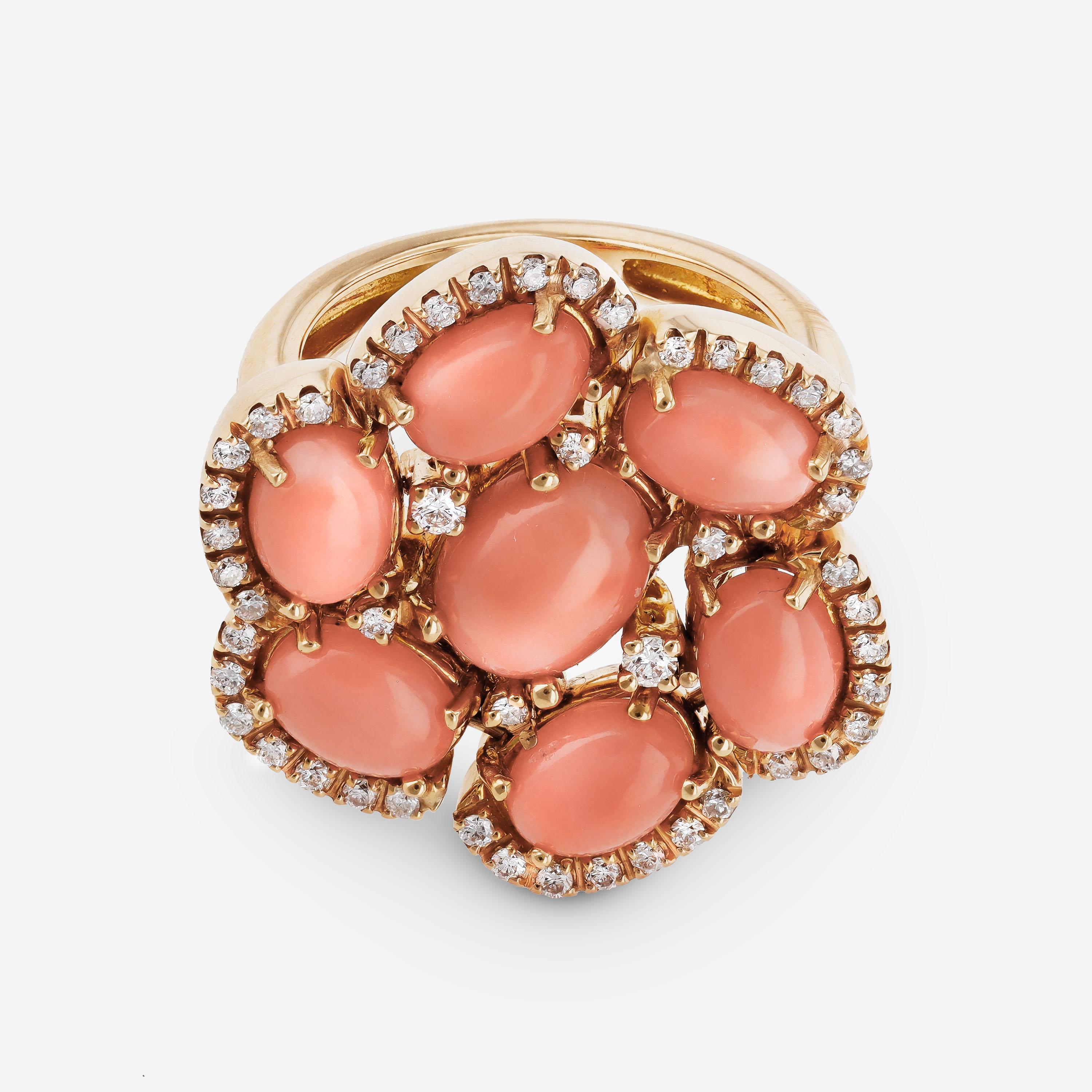 Contemporary Zydo 18K Yellow Gold Diamond and Coral Petals Ring Sz 7.5 For Sale