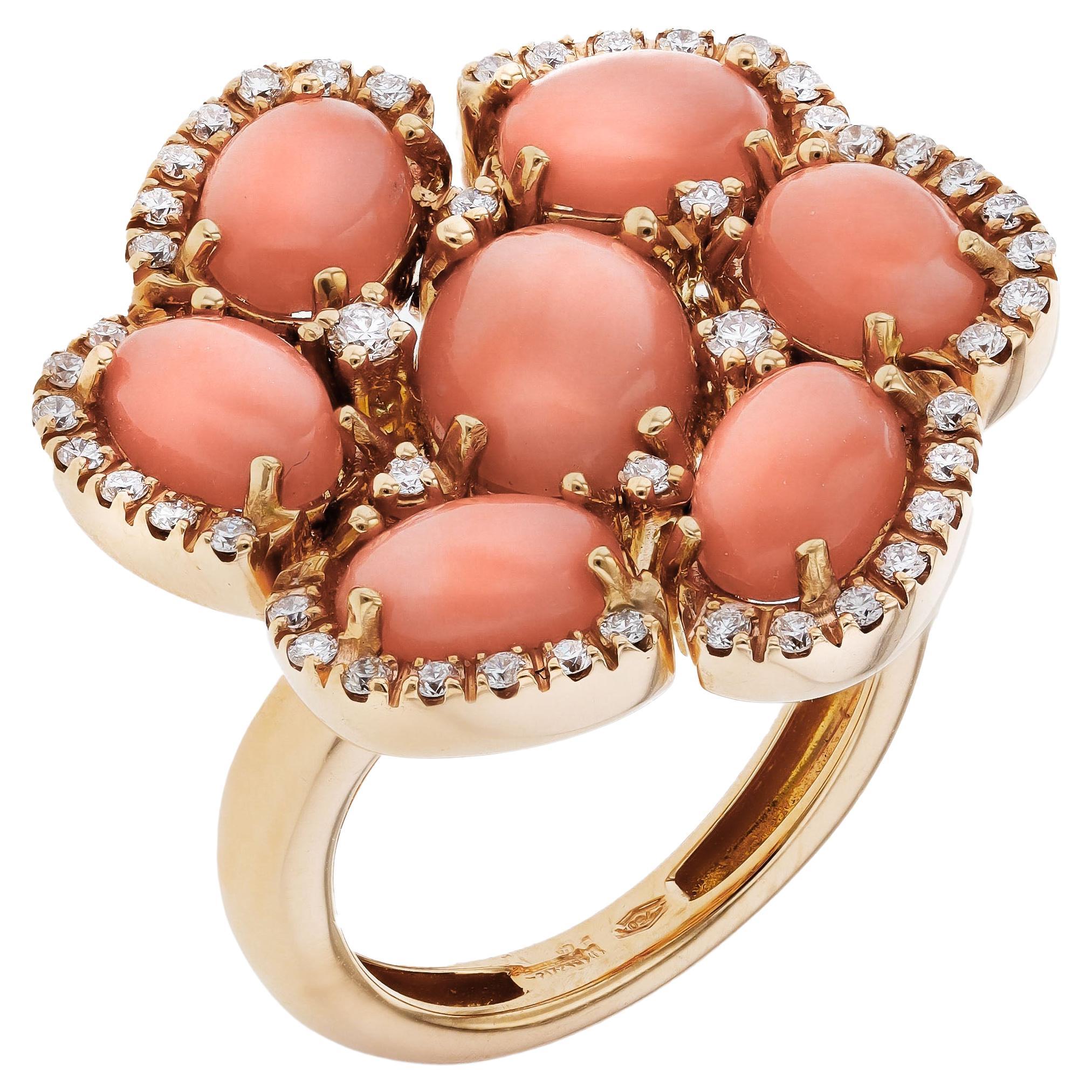 Zydo 18K Yellow Gold Diamond and Coral Petals Ring Sz 7.5 For Sale