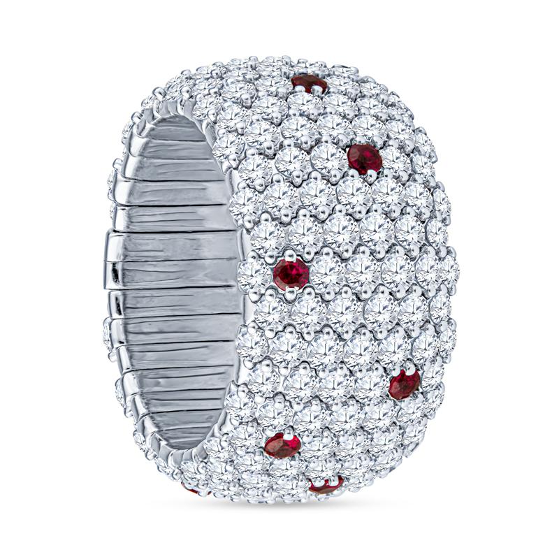 Taille ronde Zydo, bague extensible en or blanc 18 carats avec diamants ronds de 5,85 carats et rubis ronds de 0,41 carat en vente