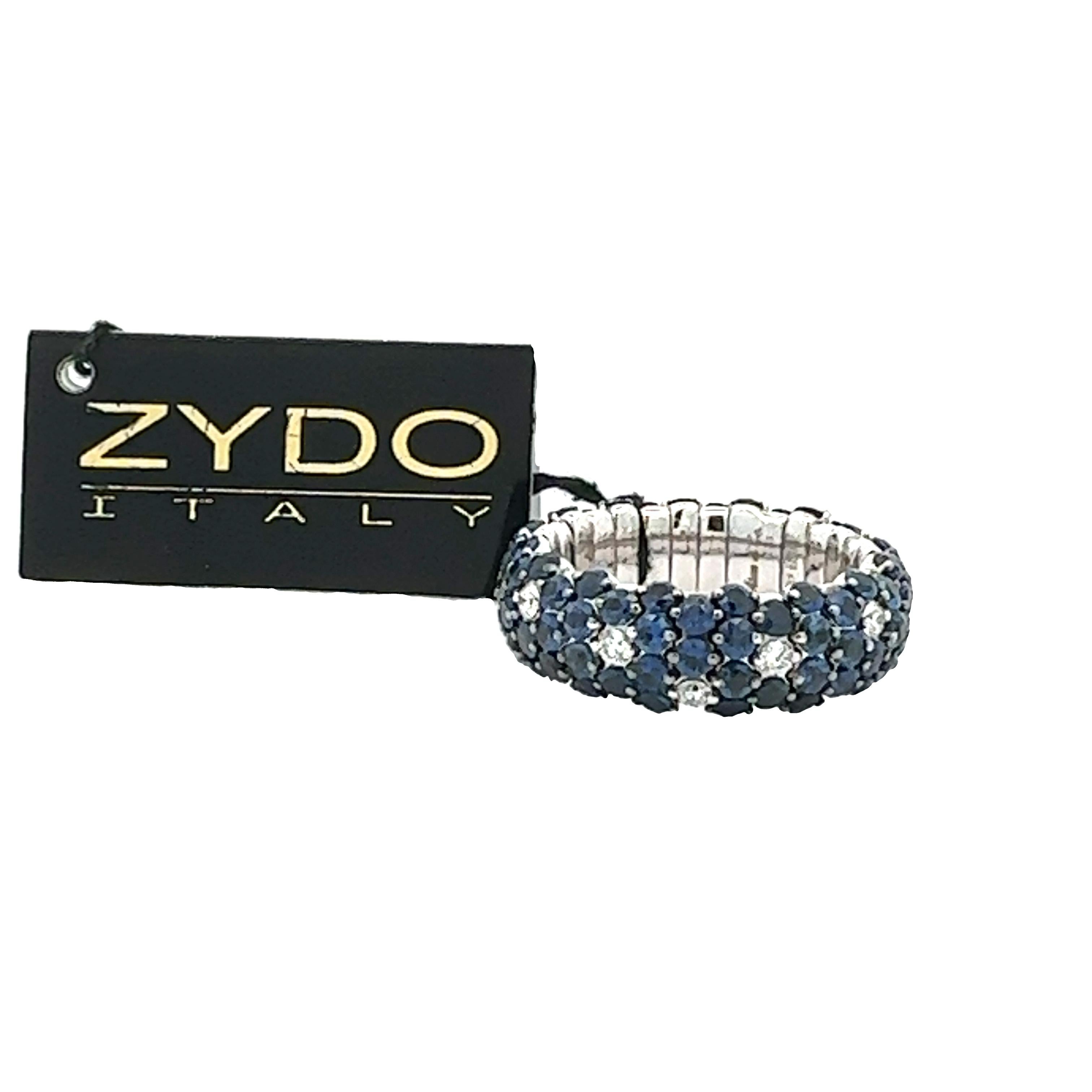 ZYDO Sapphire & Diamond Domed Stretch 18K White Gold Ring In New Condition For Sale In Newton, MA