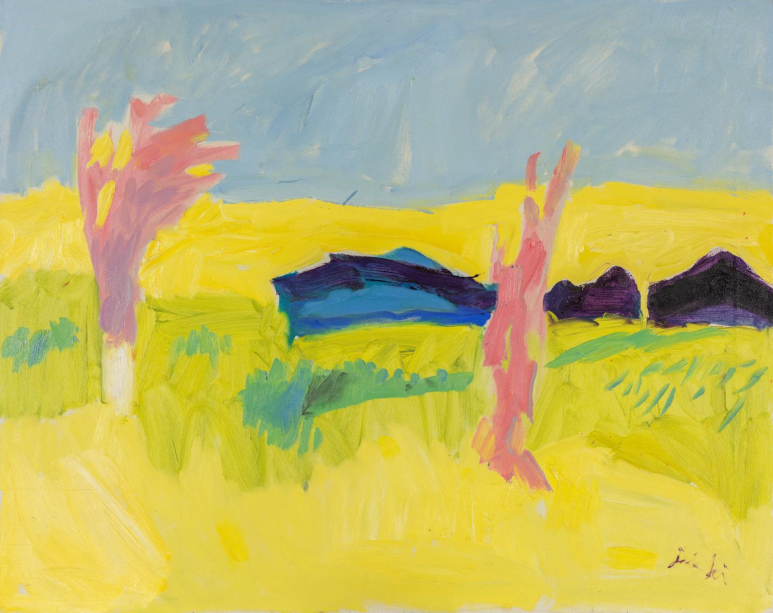 Landscape Painting Zygmund Jankowski - Deux arbres roses dans un champ jaune