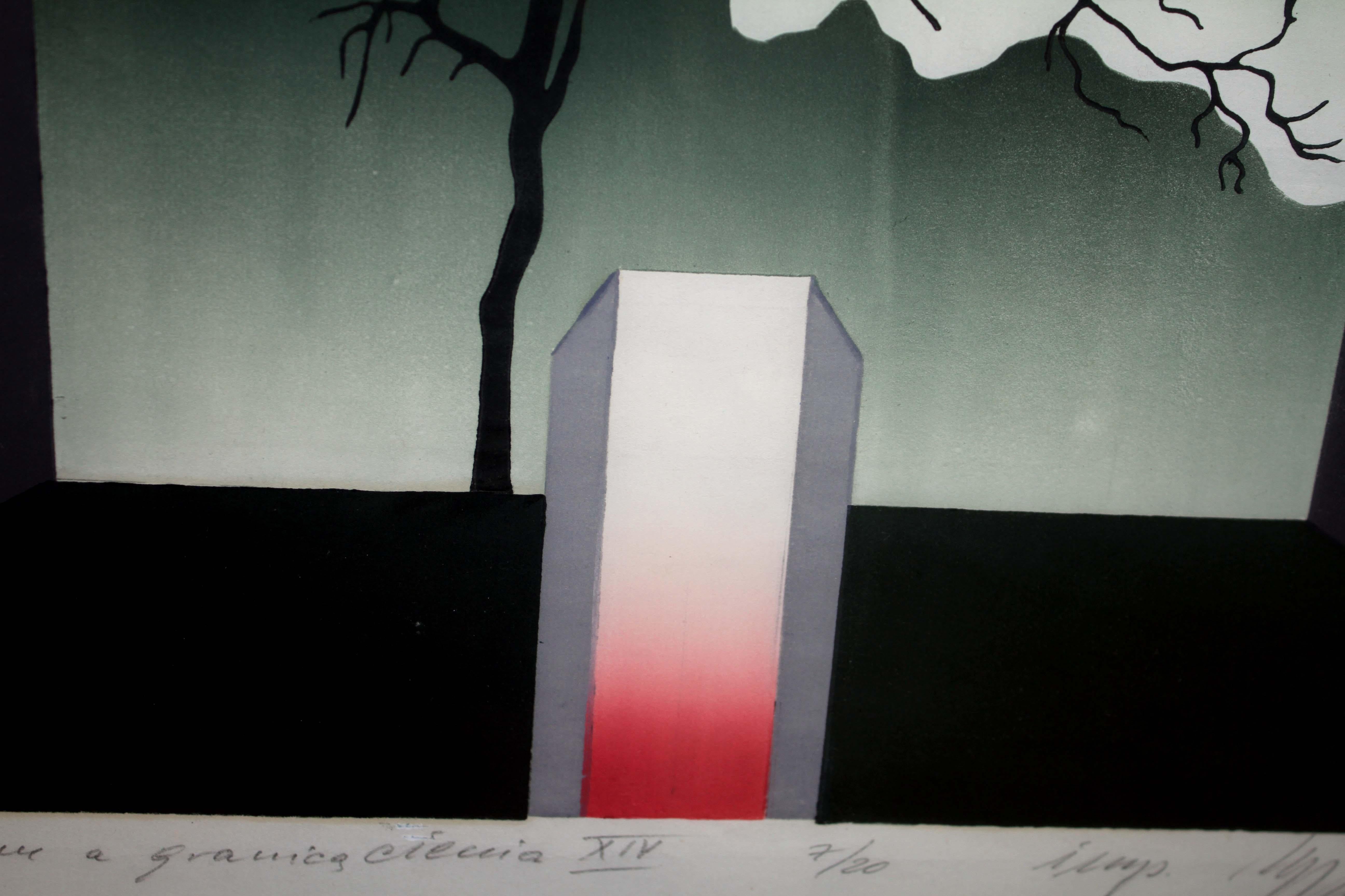 Zygmunt Czyz Surrealist Dove over Tree Signed Linocut on Paper 7/20 Framed 1982 For Sale 4