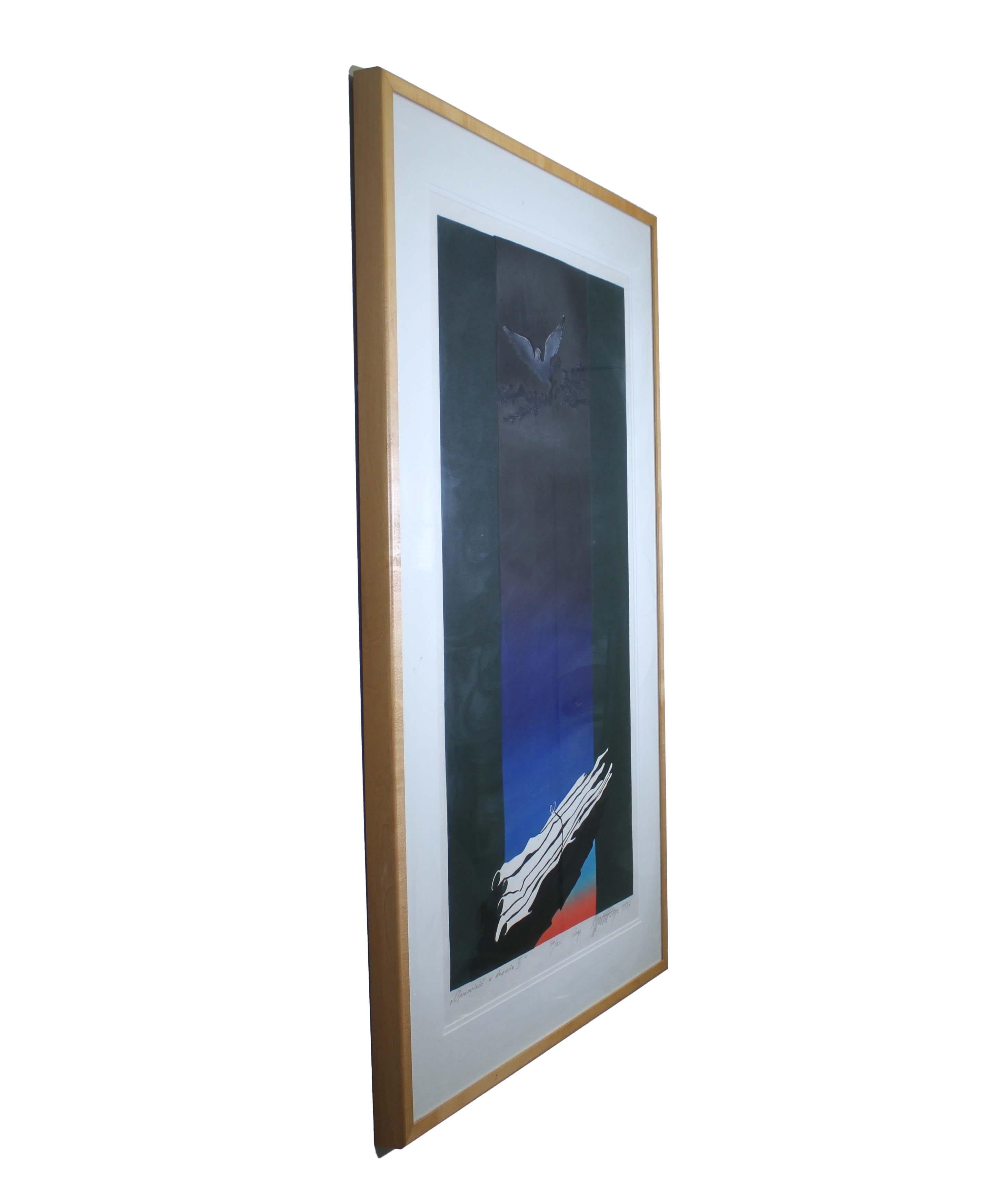 Zygmunt Czyz Surrealist Soaring Dove Signed Linocut on Paper 20/30 Framed, 1987 In Good Condition For Sale In Keego Harbor, MI