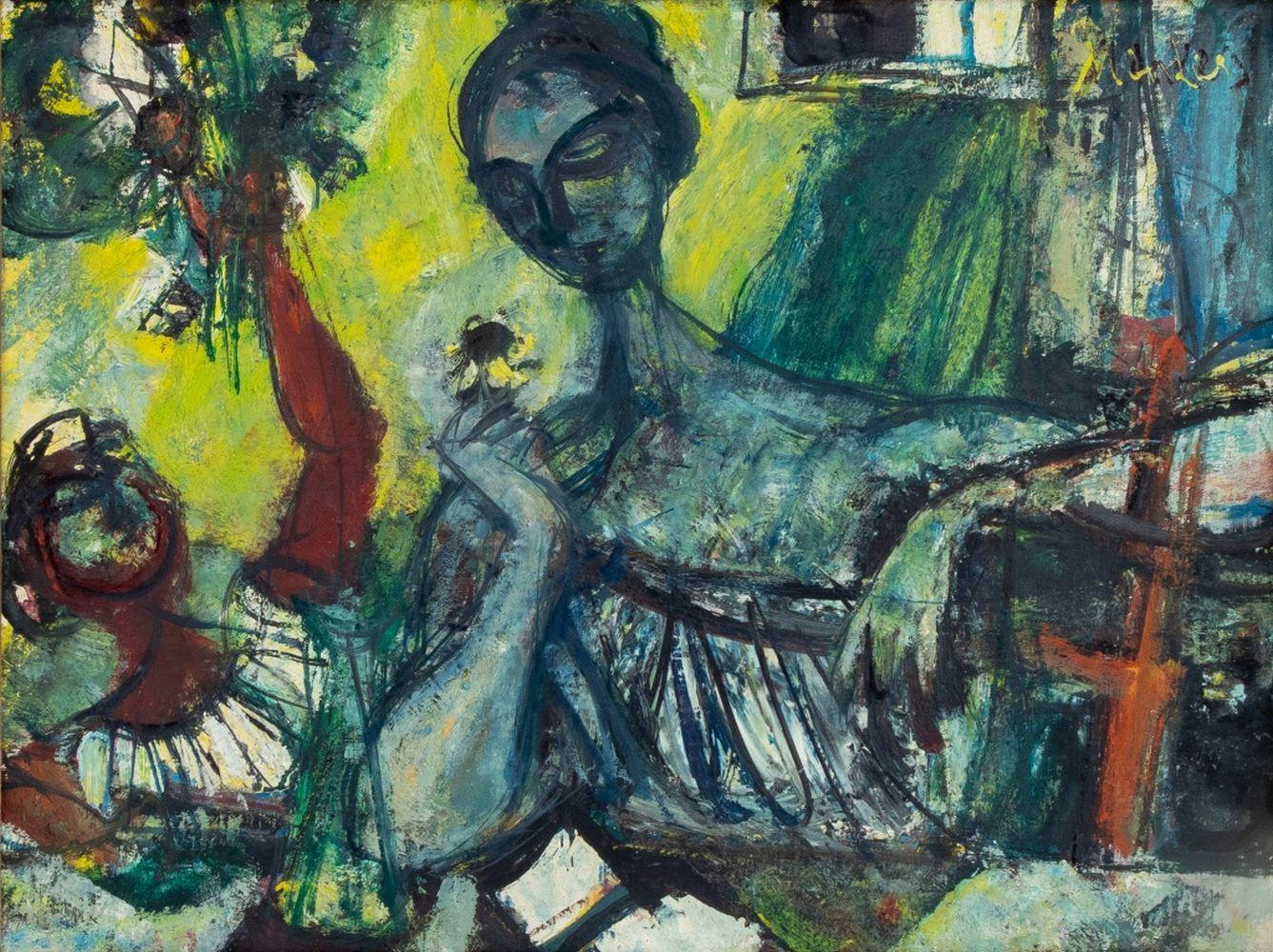 Frau mit Blume – Painting von Zygmunt Menkes