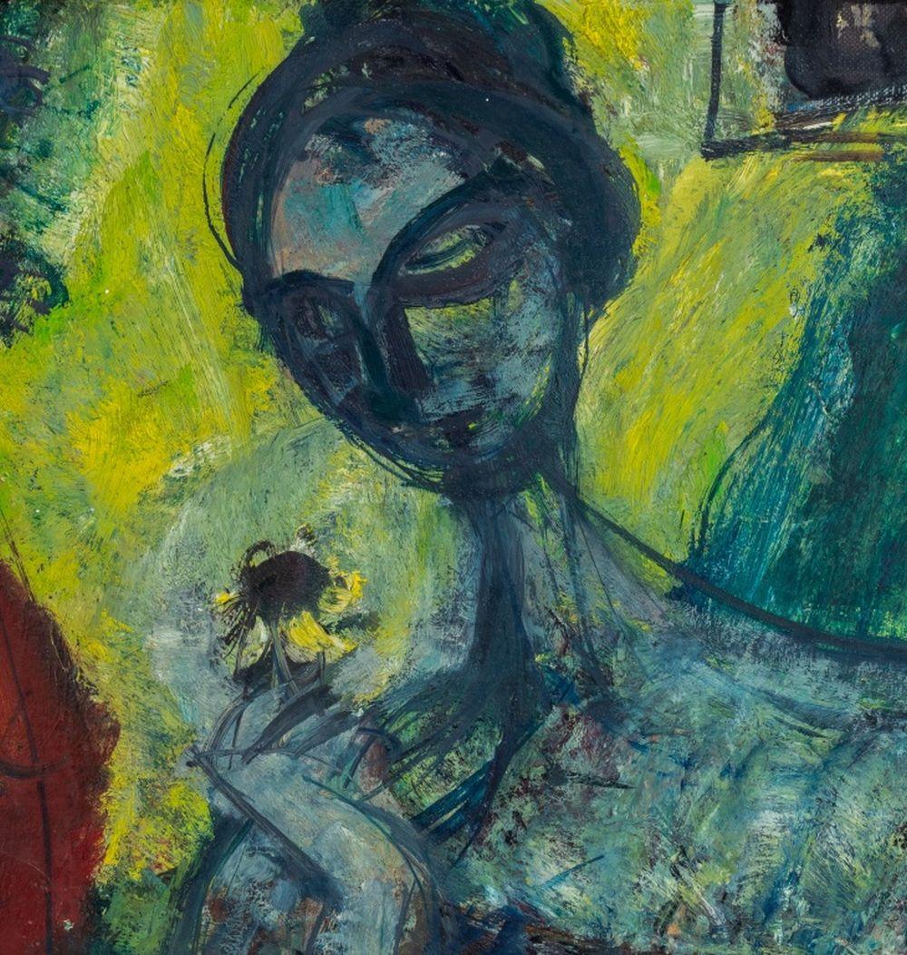 Frau mit Blume (Braun), Figurative Painting, von Zygmunt Menkes