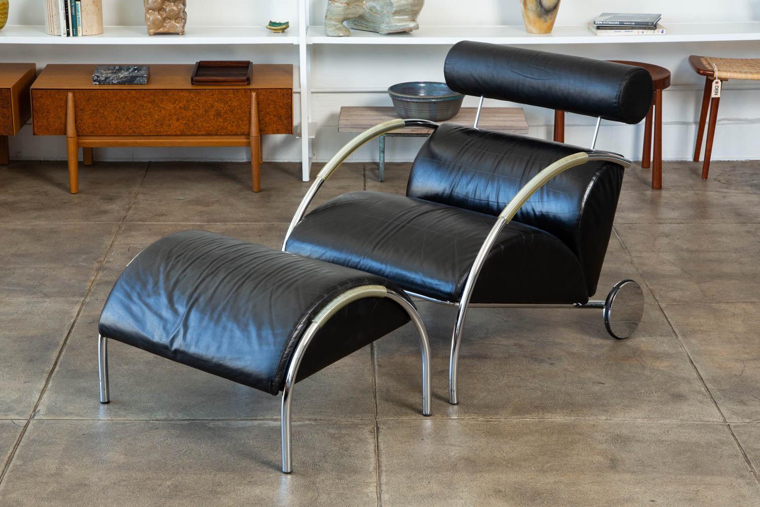 The postmodern “Zyklus” chair and ottoman were designed by Peter Maly for COR in Germany. The Art Deco-inspired chair and ottoman were designed in 1983 and won a German furniture design award in 1984. The piece features a frame upholstered in the