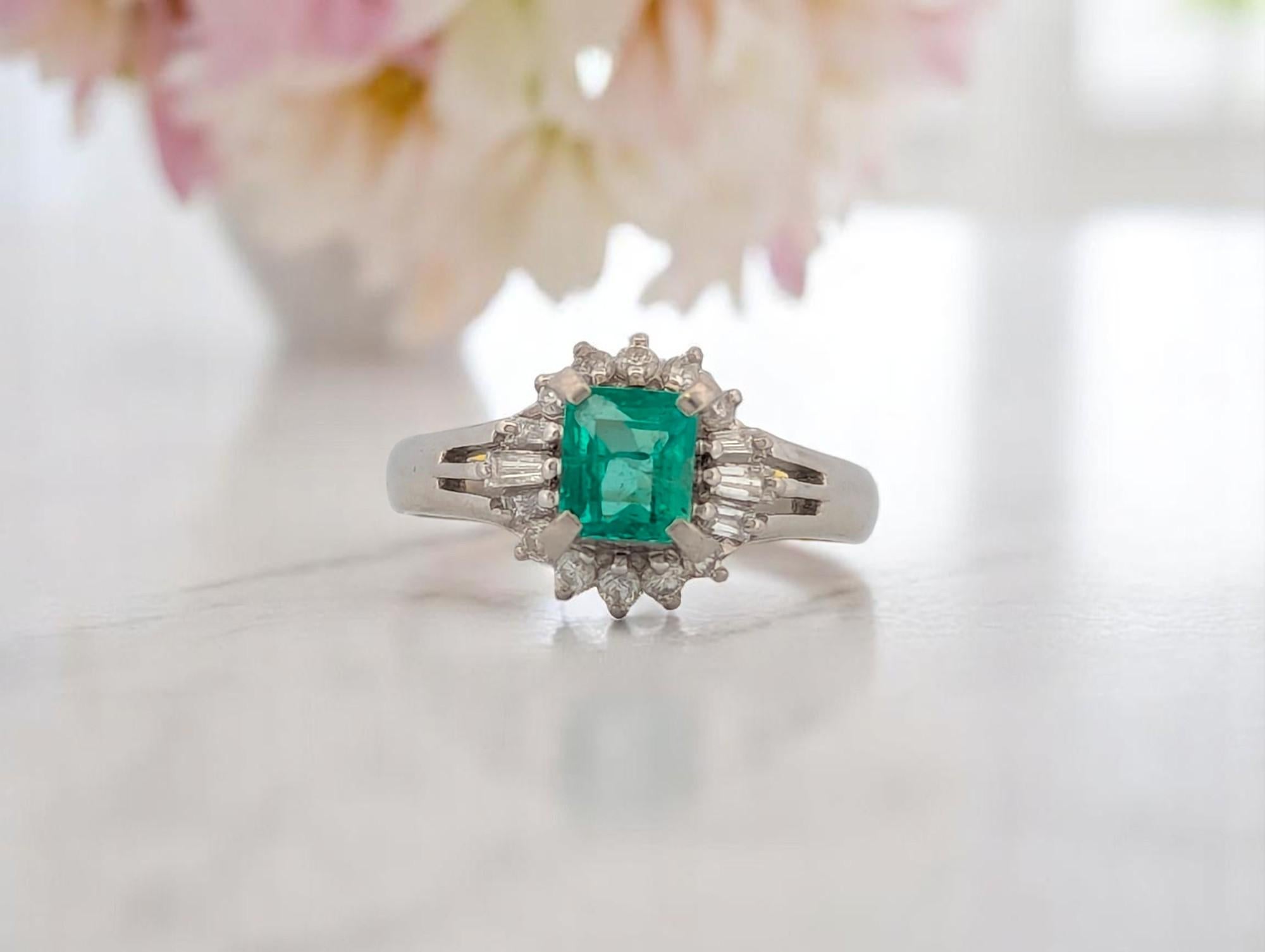 Emerald Cut Zylah  Platinum Ring – 0.47 ct Natural Emerald & 0.25 ct Natural Diamonds For Sale