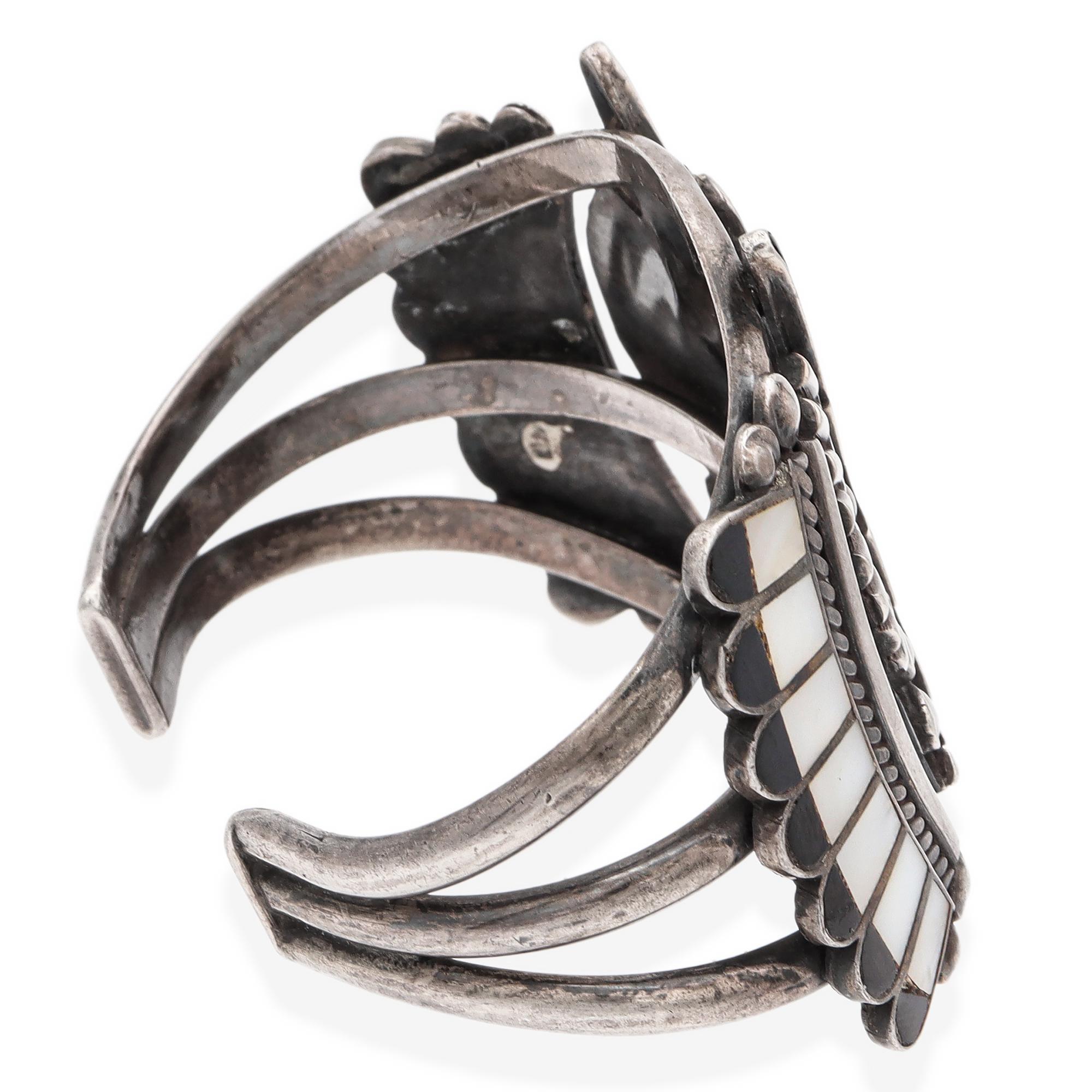 ZZuni AR Signed Sterling Silver Multi-Stone Inlay Antelope Kachina Cuff Bracelet In Good Condition In New York, NY