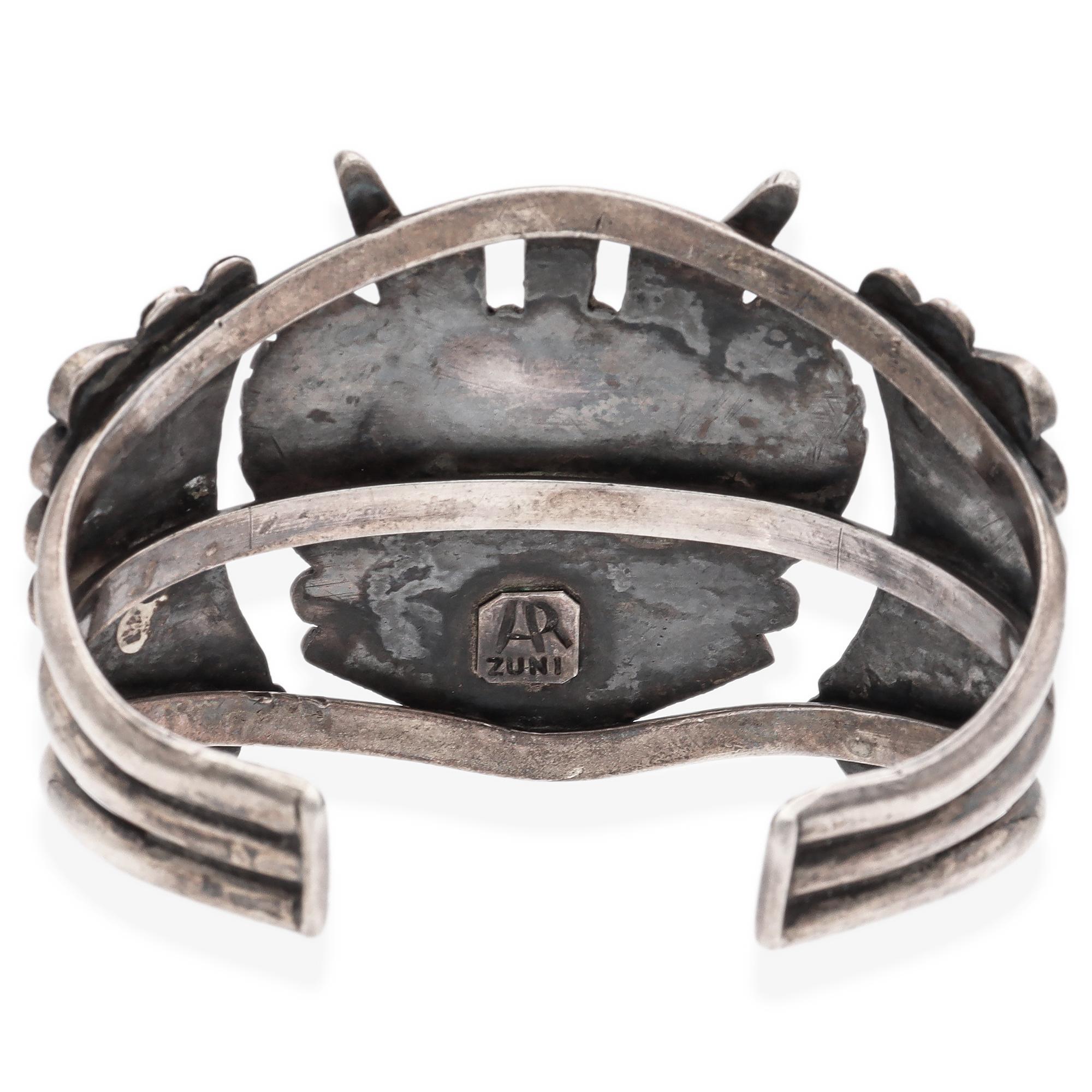Women's ZZuni AR Signed Sterling Silver Multi-Stone Inlay Antelope Kachina Cuff Bracelet
