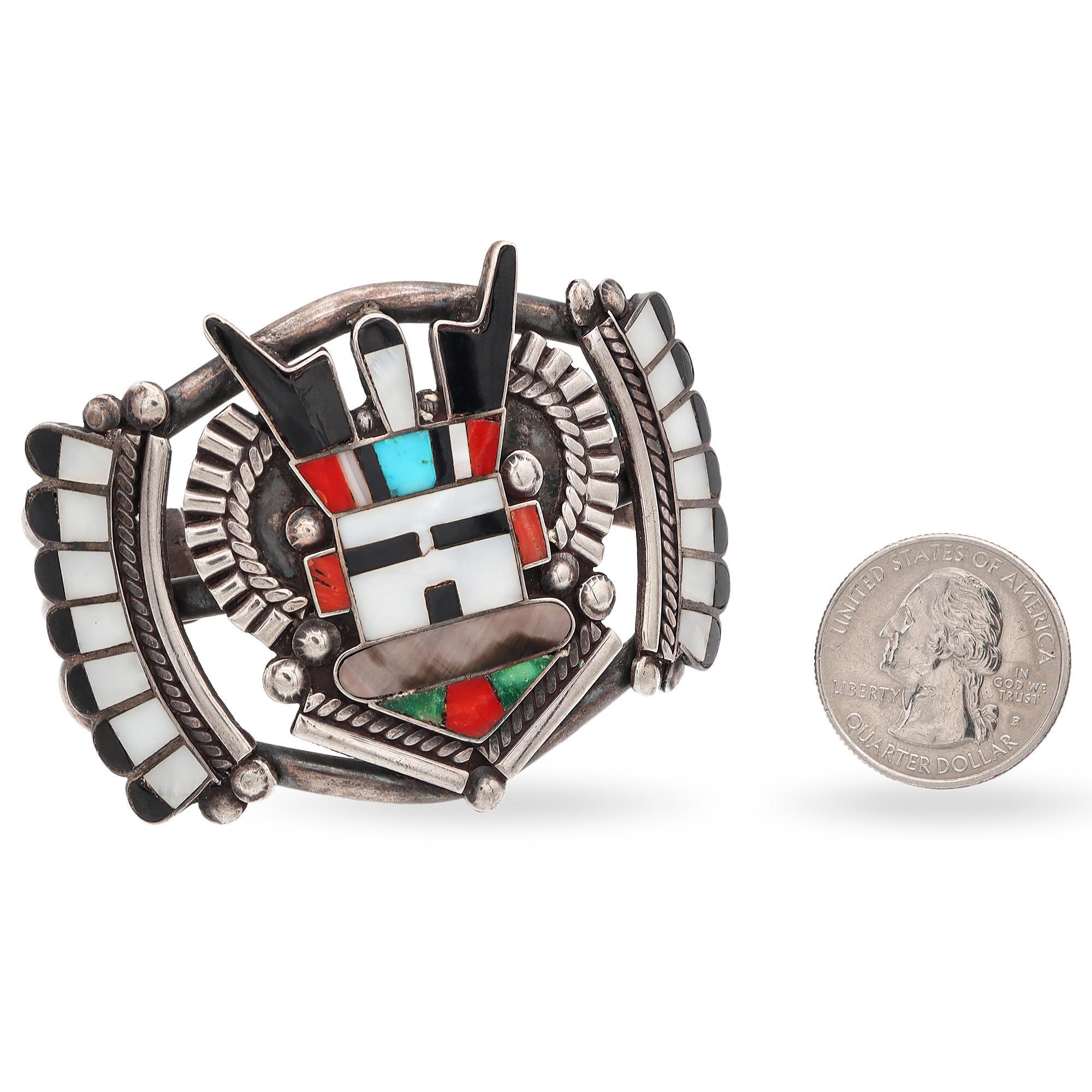 ZZuni AR Signed Sterling Silver Multi-Stone Inlay Antelope Kachina Cuff Bracelet 1