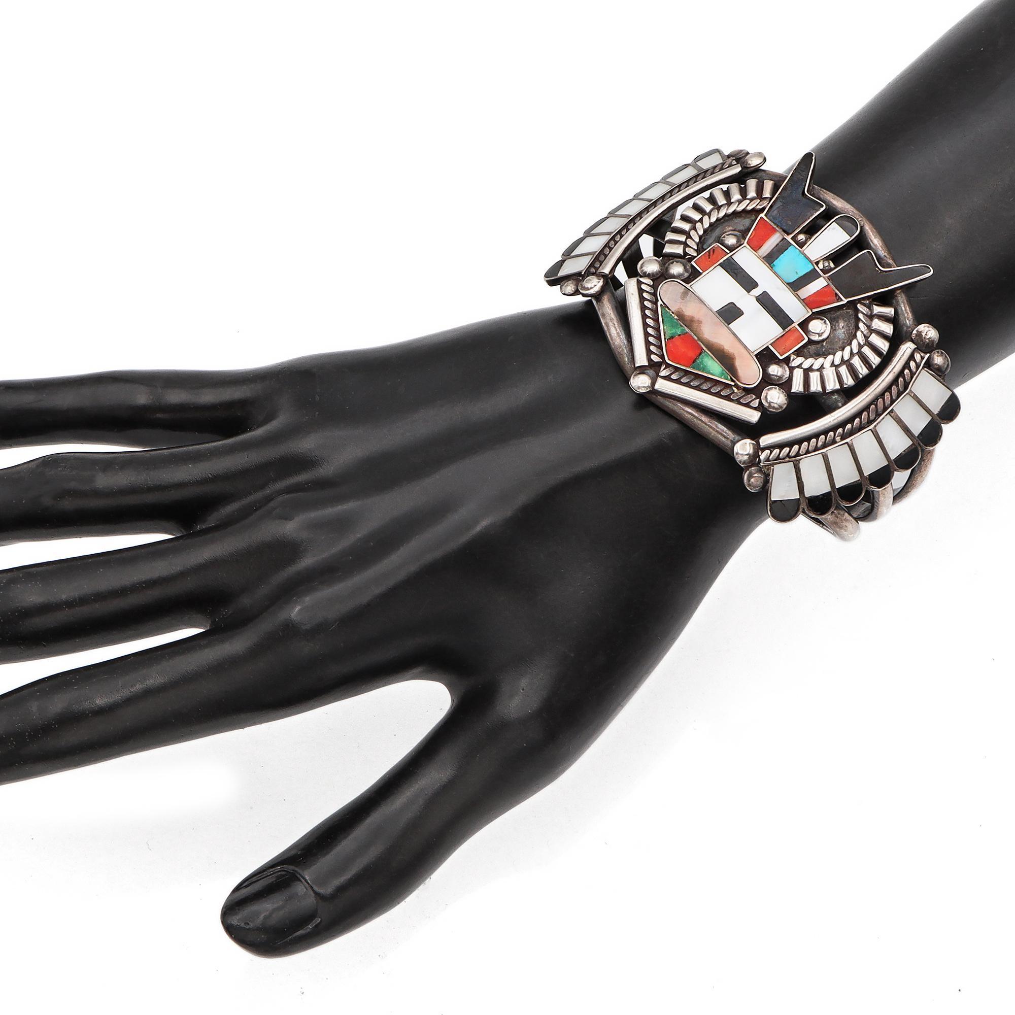 ZZuni AR Signed Sterling Silver Multi-Stone Inlay Antelope Kachina Cuff Bracelet 2