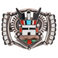 ZZuni AR Signed Sterling Silver Multi-Stone Inlay Antelope Kachina Cuff Bracelet